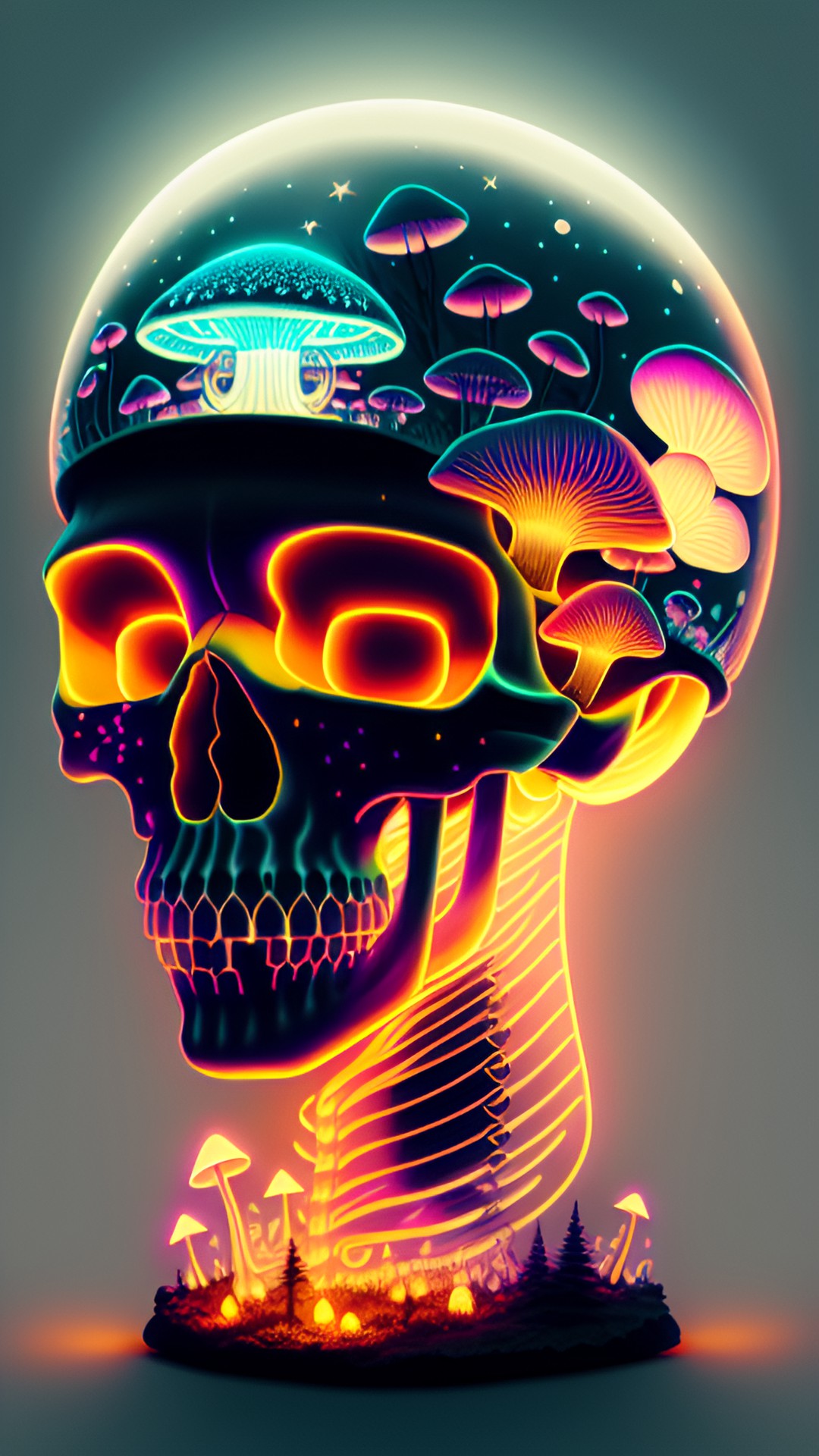 futuristic skull, glowing mushrooms tattoo drawing preview