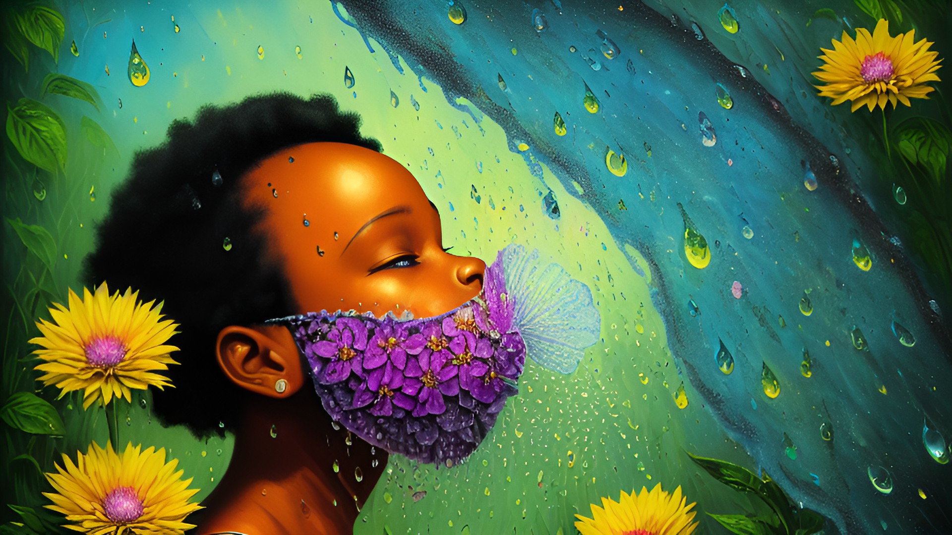 <https://s.mj.run/dkowhn7ju28> changing to an afro punk baby fluttering flower petals and water droplets  --s 750 --v 5 preview