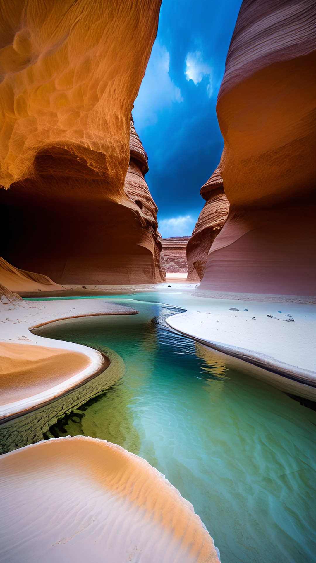 saraha sarah's desert oasis- lone deep blue natural pool with stormy skies and raging sand storms preview