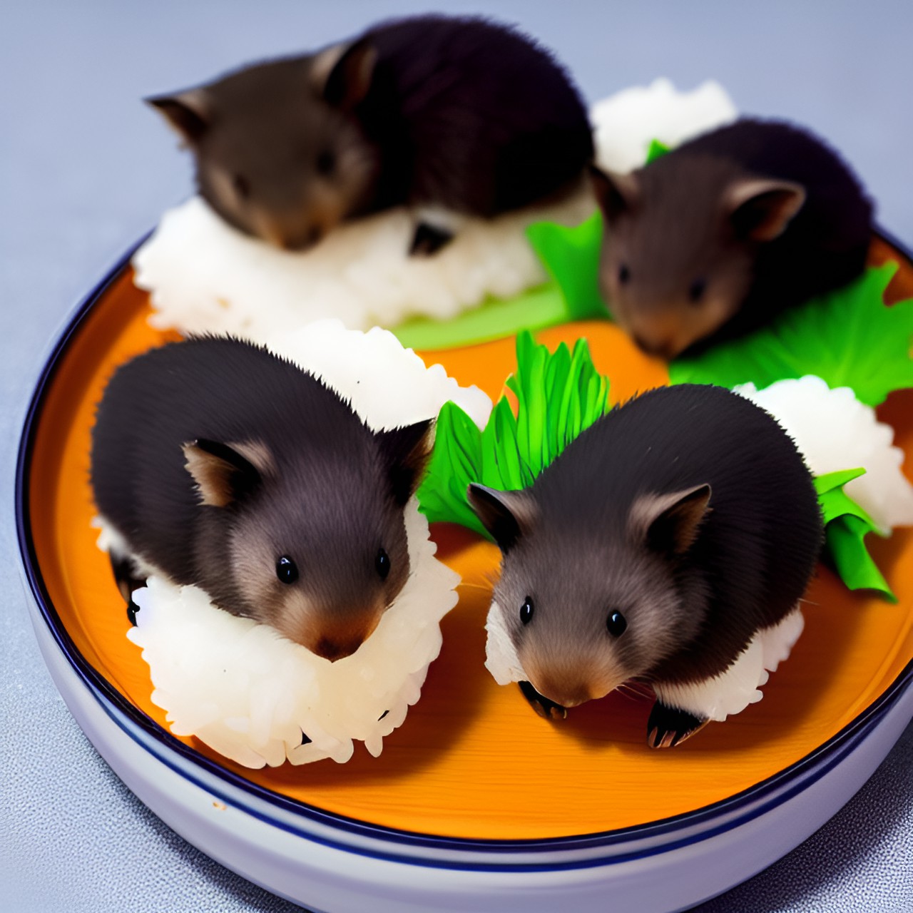 wombat nigiri sushi, made with adorable tiny wombats, rice, and seaweed. tiny, real, fuzzy wombats lying on top of a rice ball. preview