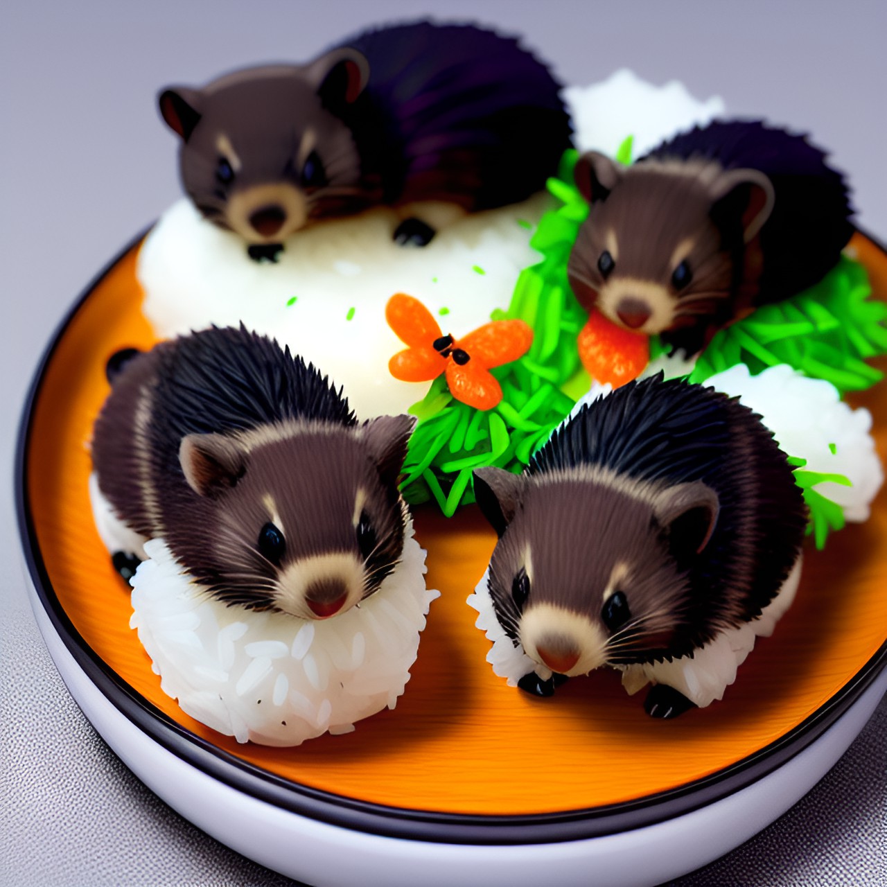 wombat nigiri sushi, made with adorable tiny wombats, rice, and seaweed. tiny, real, fuzzy wombats lying on top of a rice ball. preview