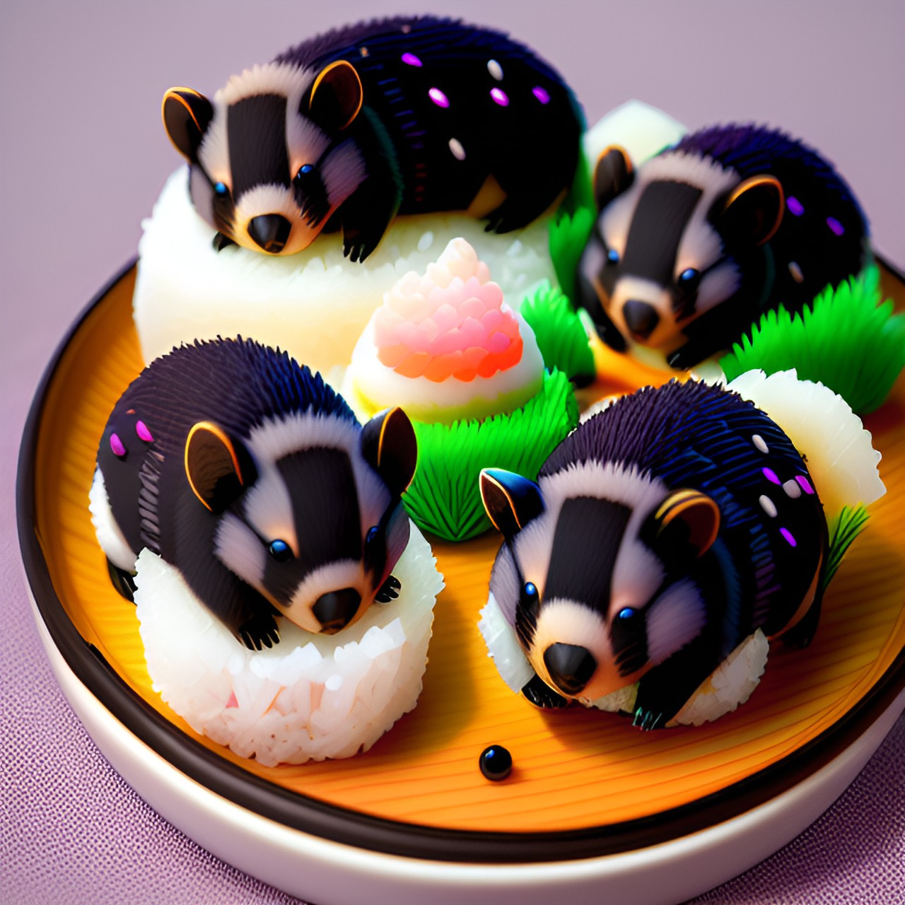 wombat nigiri sushi, made with adorable tiny wombats, rice, and seaweed. tiny, real, fuzzy wombats lying on top of a rice ball. preview