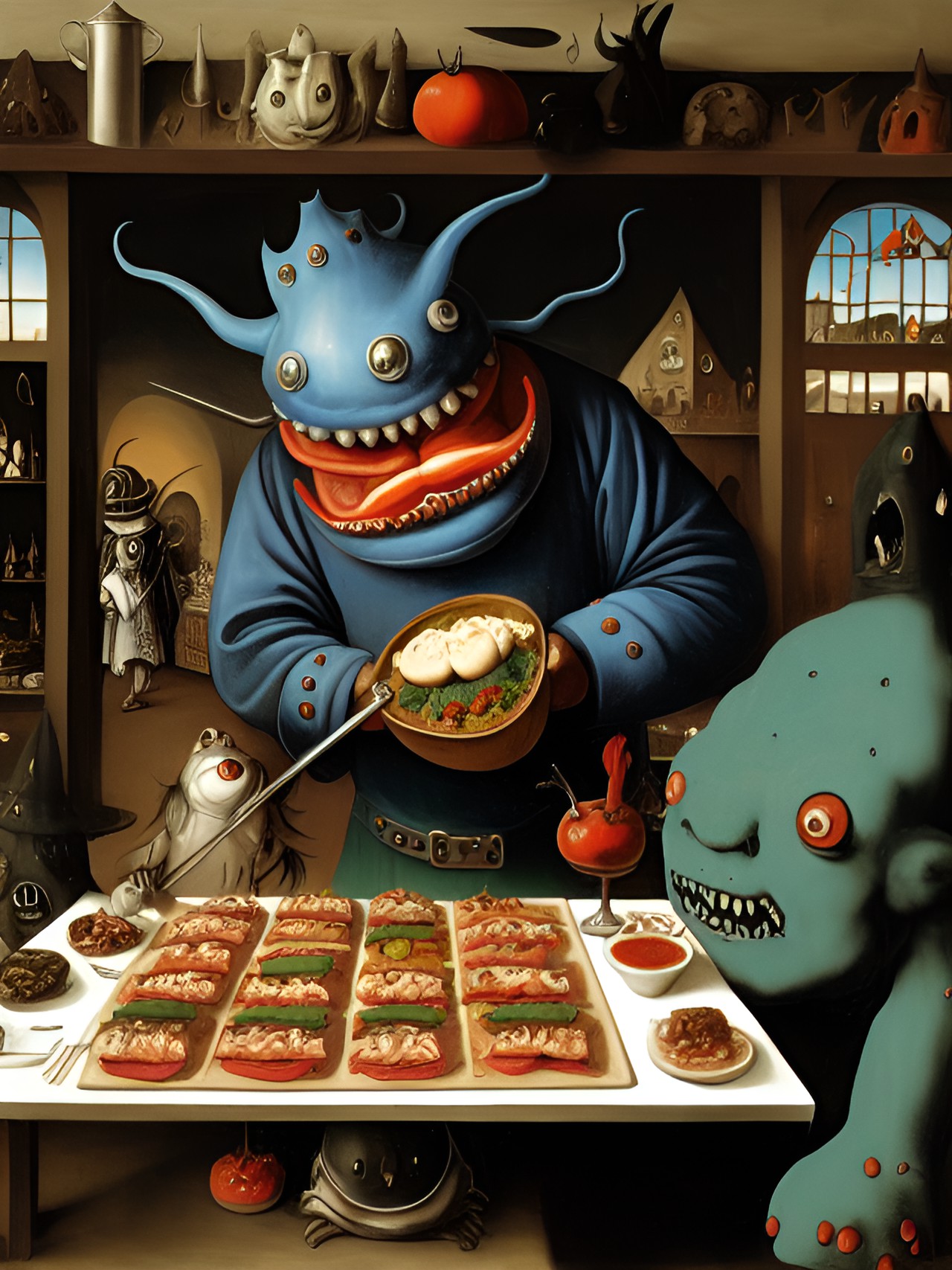 monster chef in monster restaurant kitchen making creepy food preview