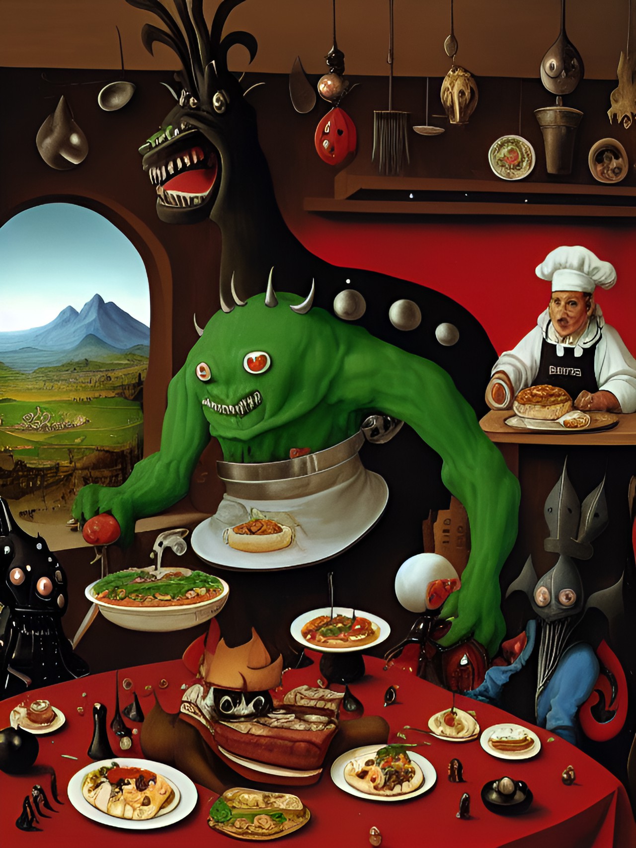 monster chef in monster restaurant kitchen making creepy food preview