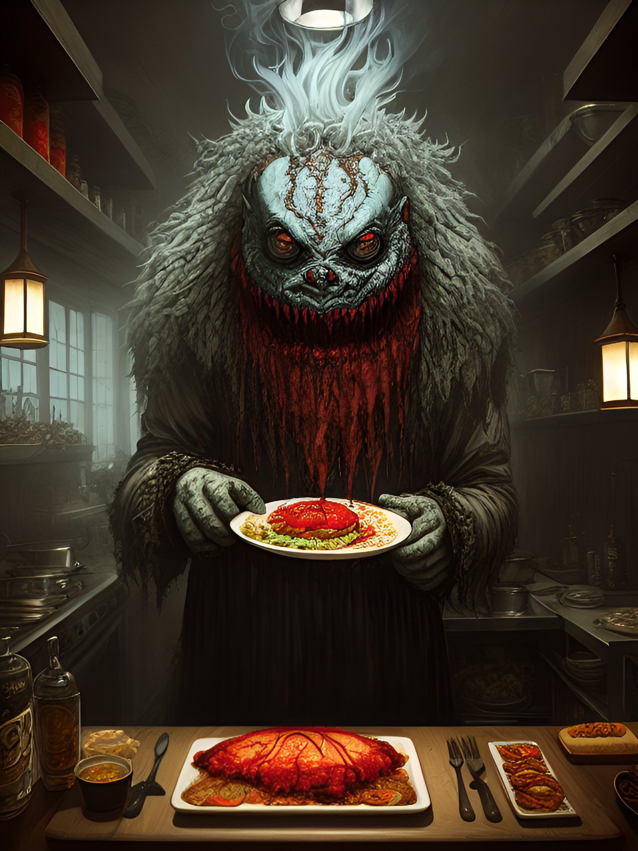 monster chef in monster restaurant kitchen making creepy food preview