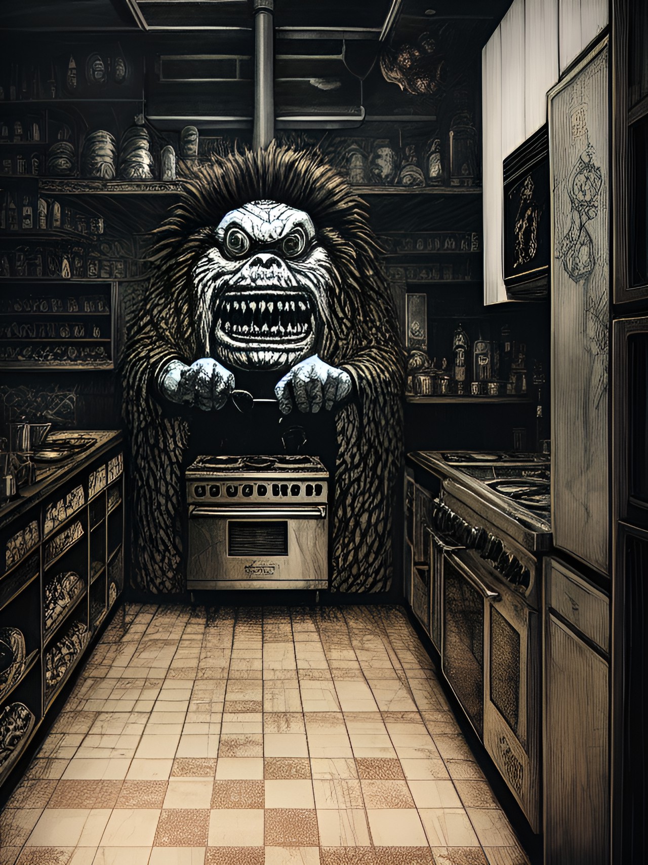 monster chef in monster restaurant kitchen making creepy food preview