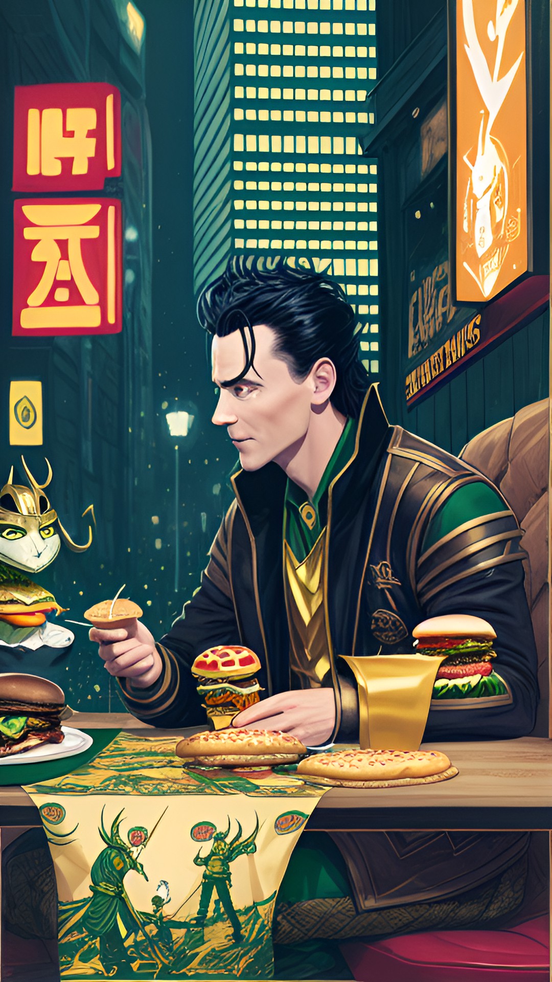 loki in his green and gold costume  and gold horned helmet enjoying a cheeseburger. preview