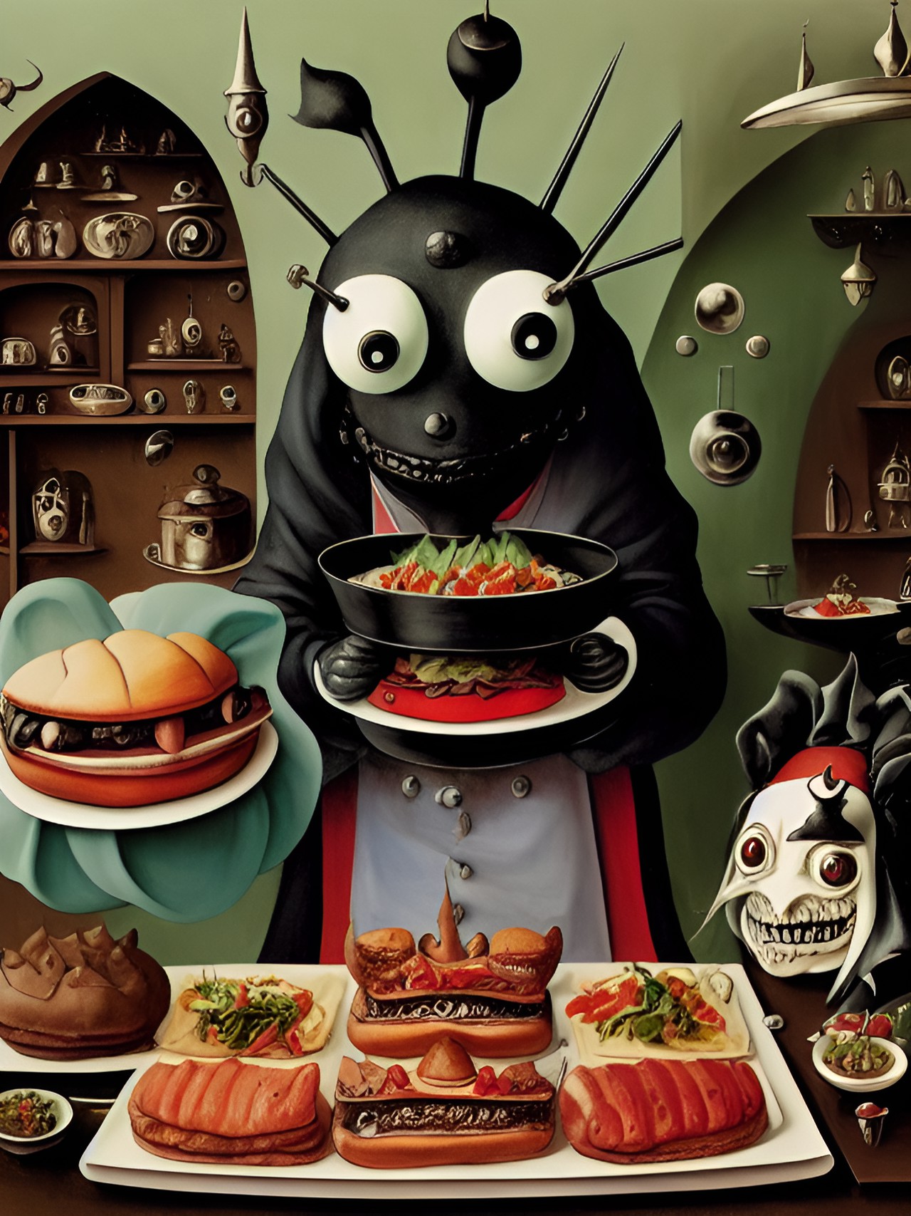 monster chef in monster restaurant kitchen making creepy food preview