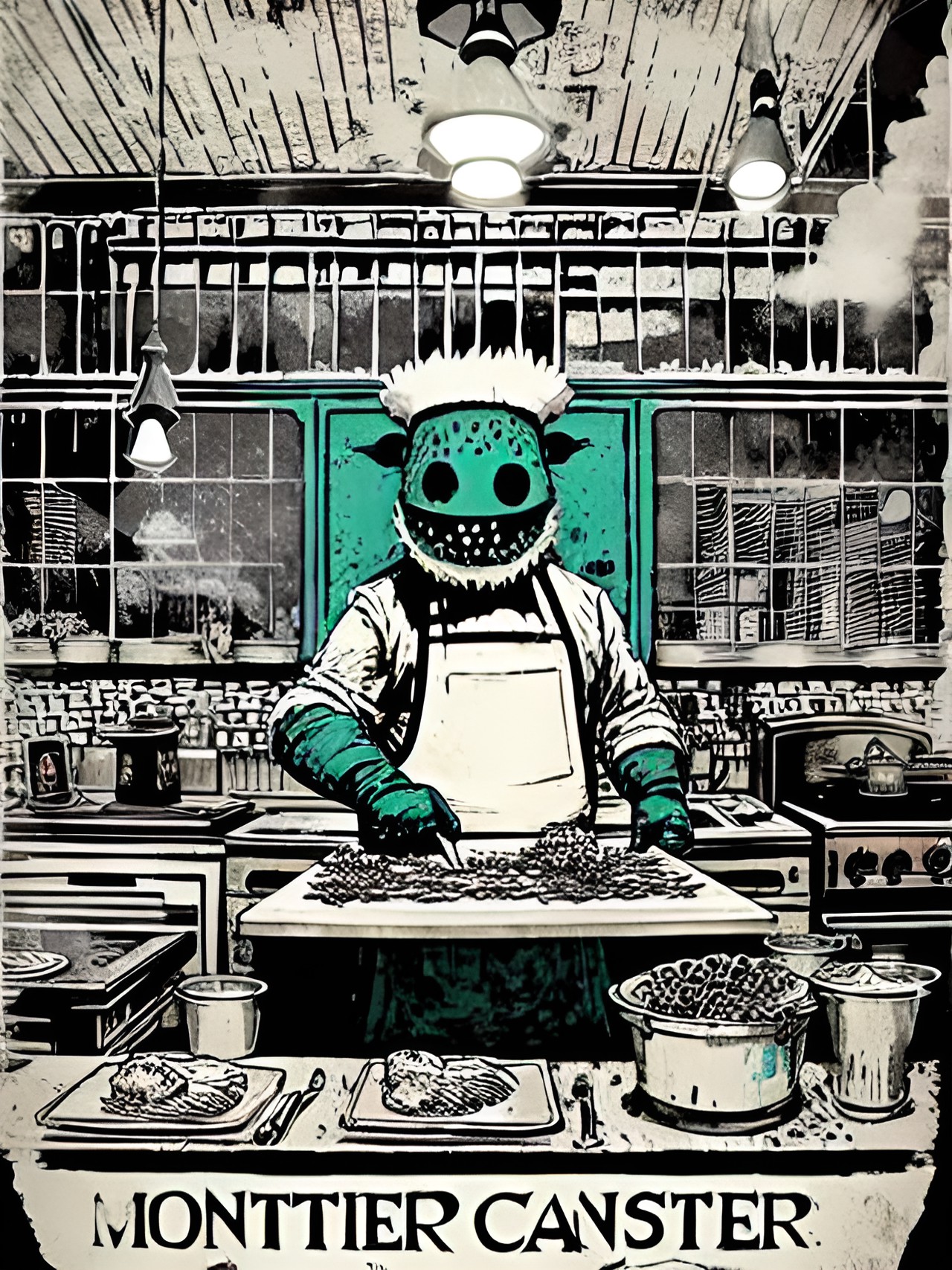 monster chef in monster restaurant kitchen making creepy food preview