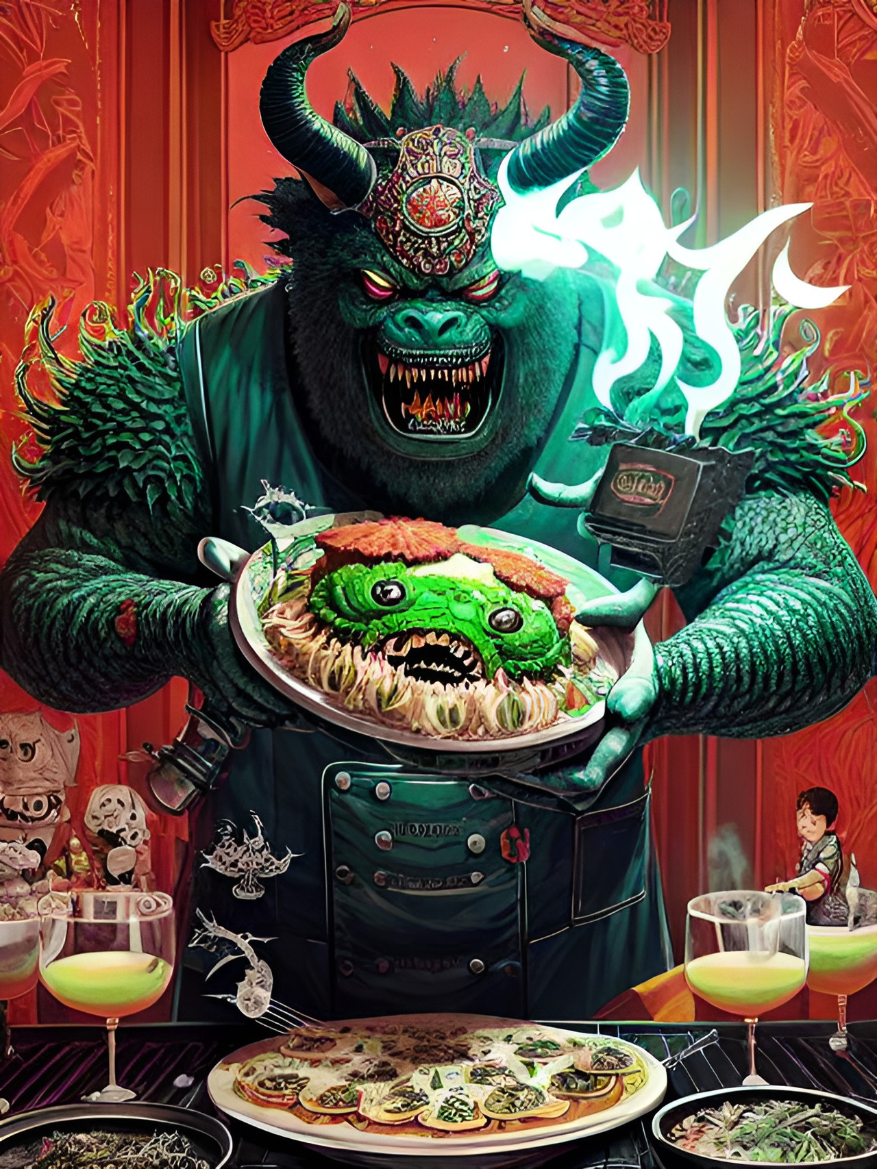 monster chef in monster restaurant kitchen making creepy food preview