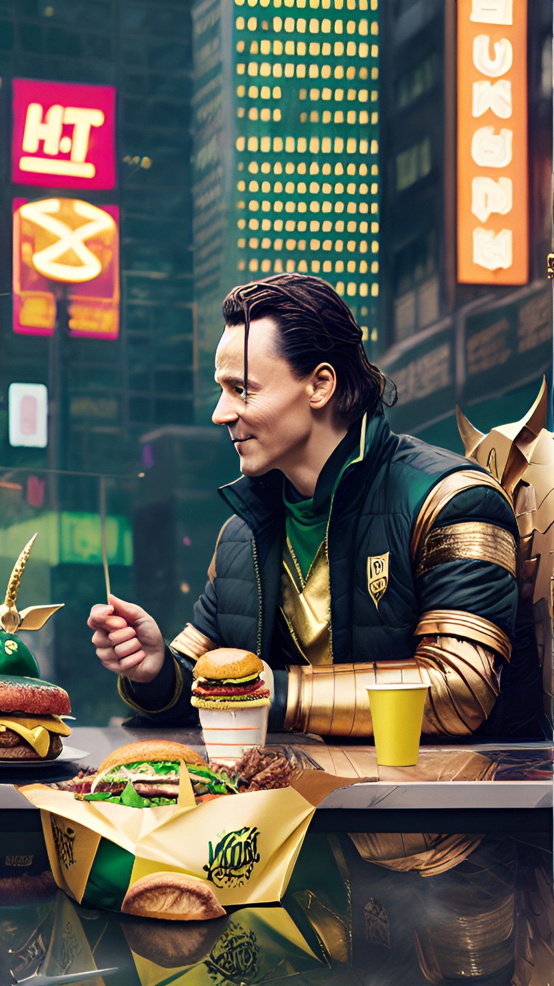 loki in his green and gold costume  and gold horned helmet enjoying a cheeseburger. preview