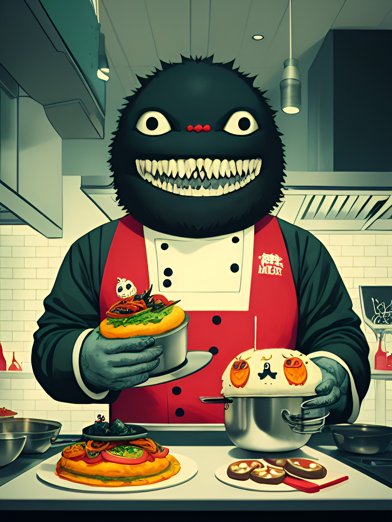 monster chef in monster restaurant kitchen making creepy food preview