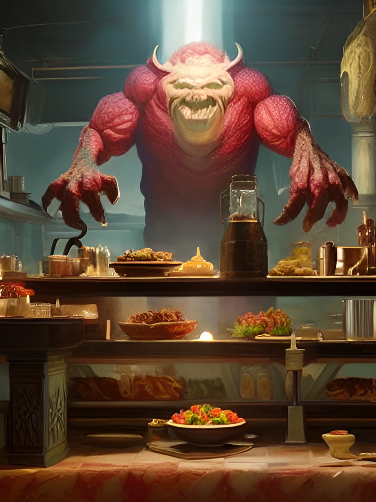 monster chef in monster restaurant kitchen making creepy food preview