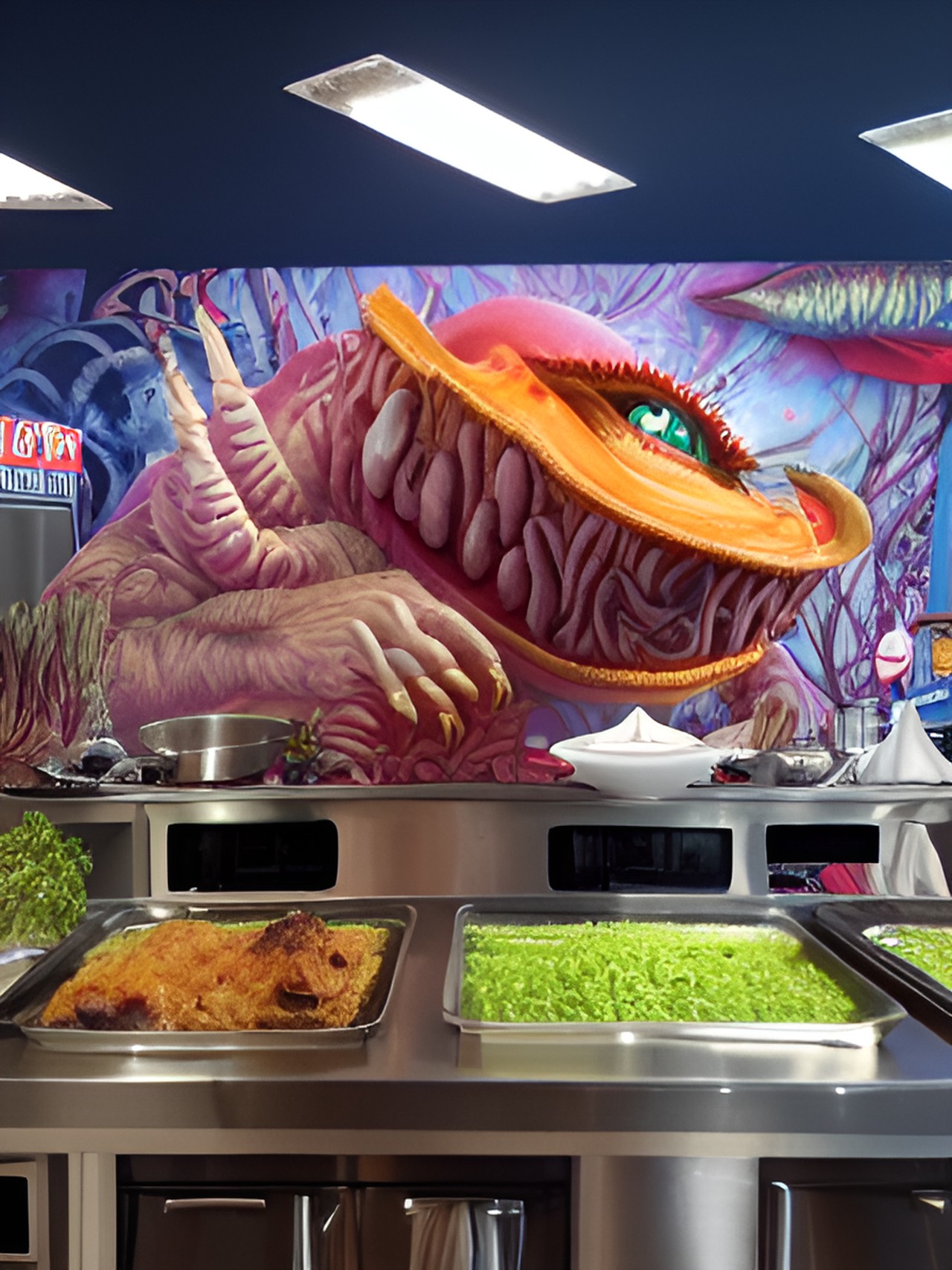 monster chef in monster restaurant kitchen making creepy food preview