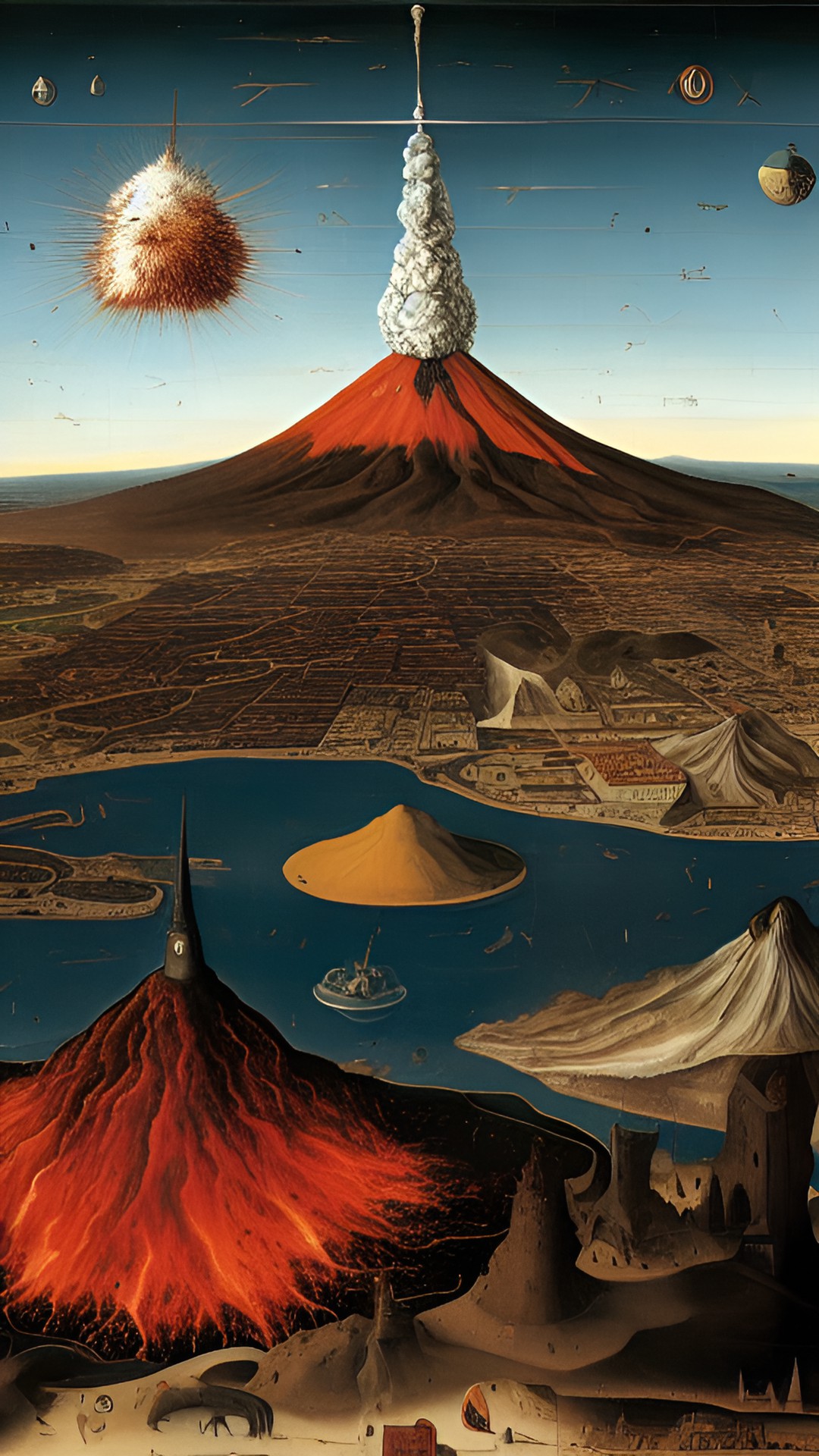 a catastrophic view of a volcano exploding viewed from the center of the city preview