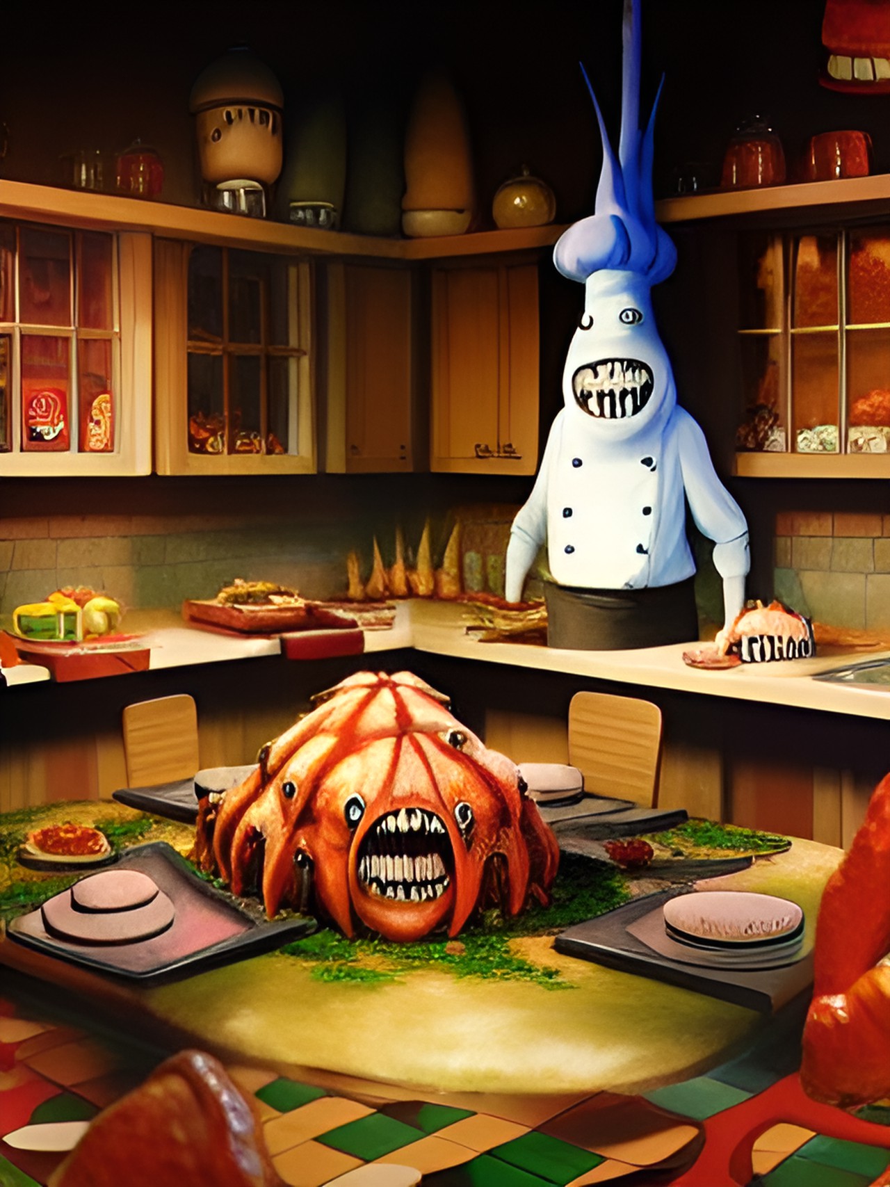 monster chef in monster restaurant kitchen making creepy food preview