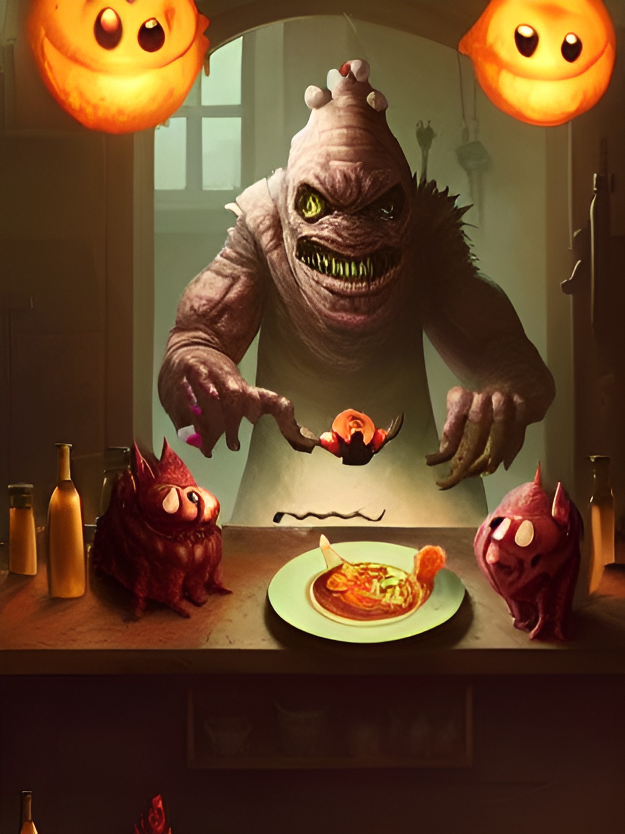 monster chef in monster restaurant kitchen making creepy food preview