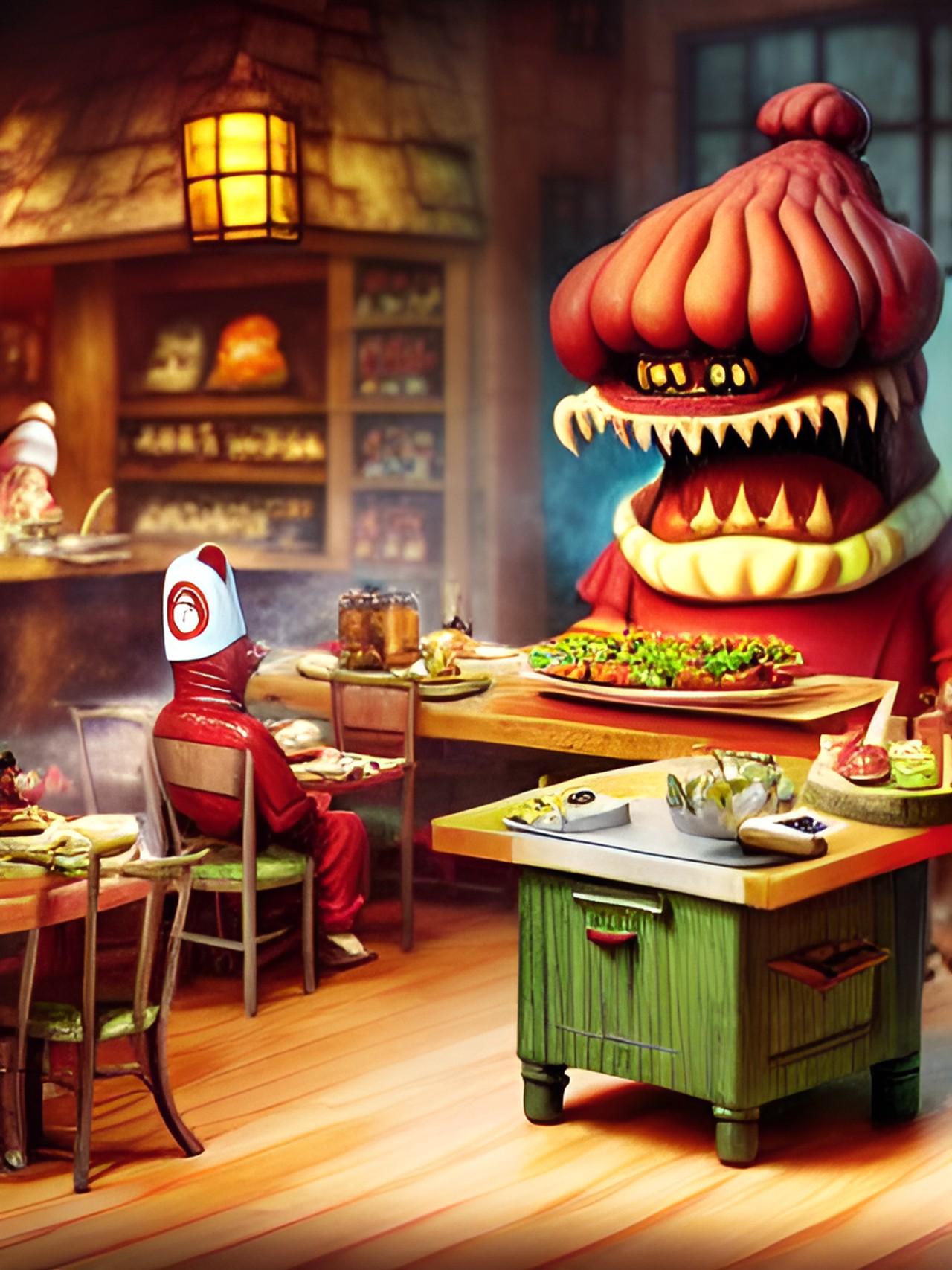 monster chef in monster restaurant kitchen making creepy food preview