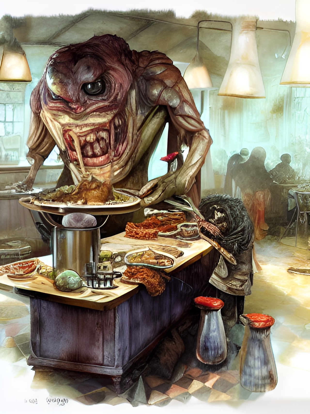 monster chef in monster restaurant kitchen making creepy food preview