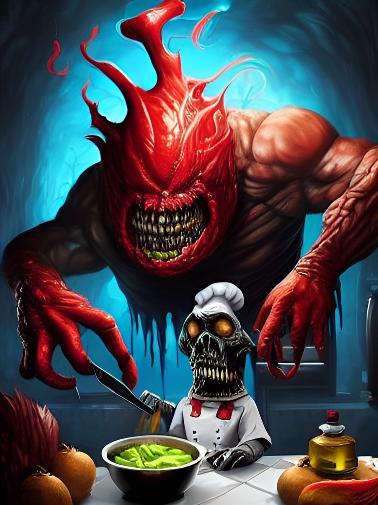 monster chef in monster restaurant kitchen making creepy food preview