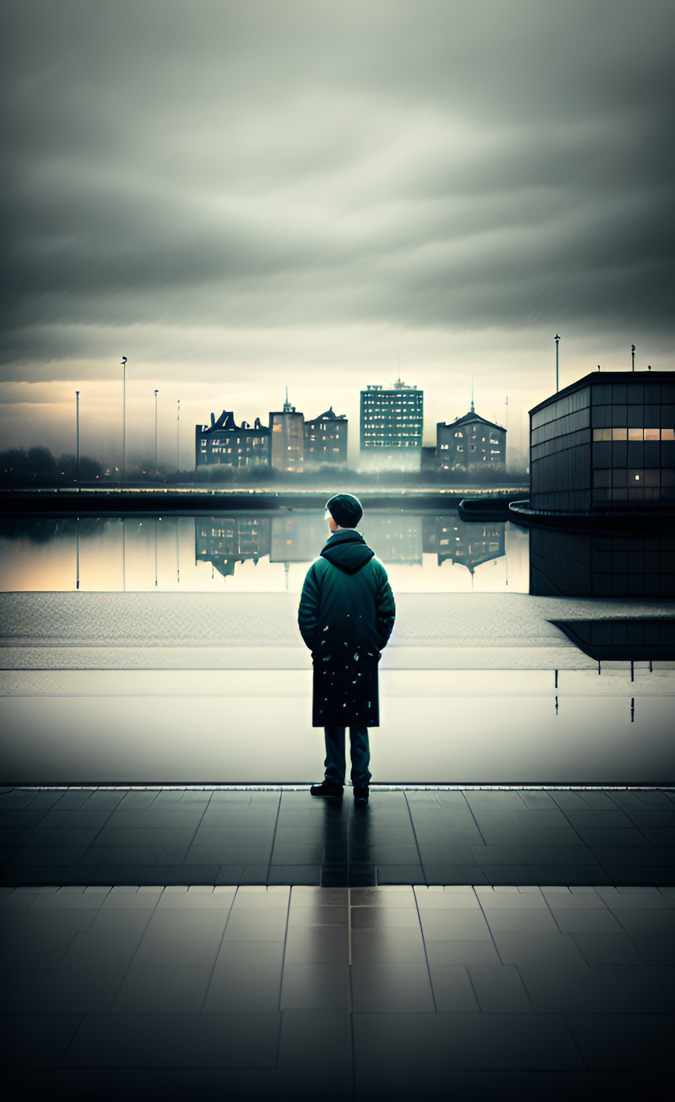 man looking across river on a dull day - in the style of laurence stephen lowry preview