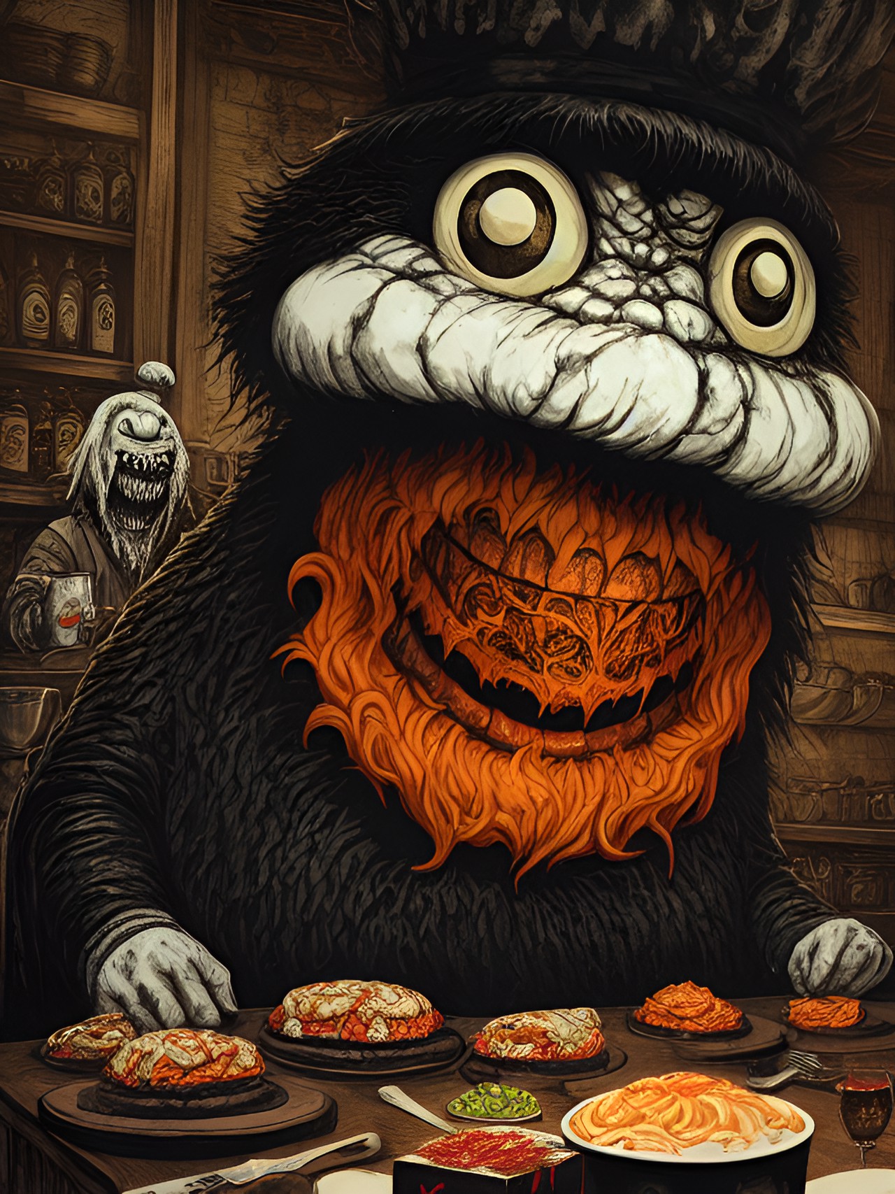 monster chef in monster restaurant kitchen making creepy food preview