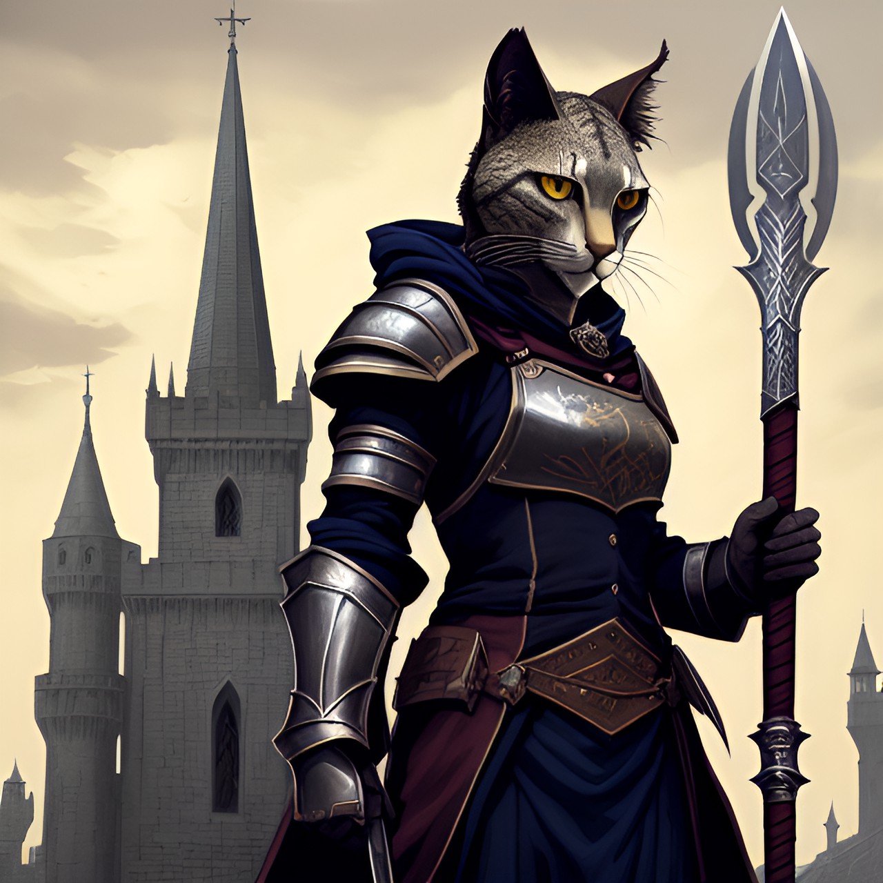 khajiit in templar armor holding a glaive and tower shield preview