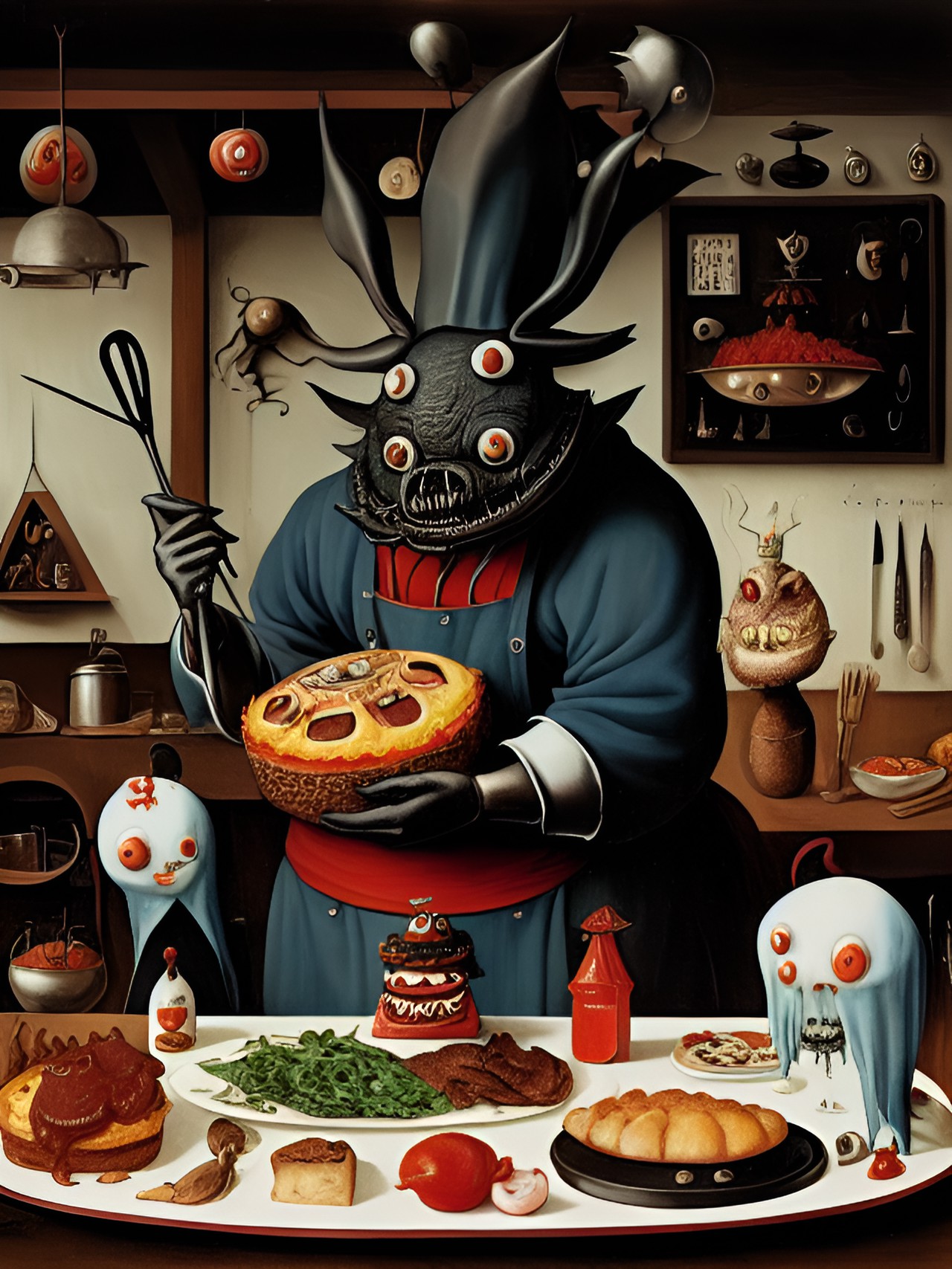 monster chef in monster restaurant kitchen making creepy food preview