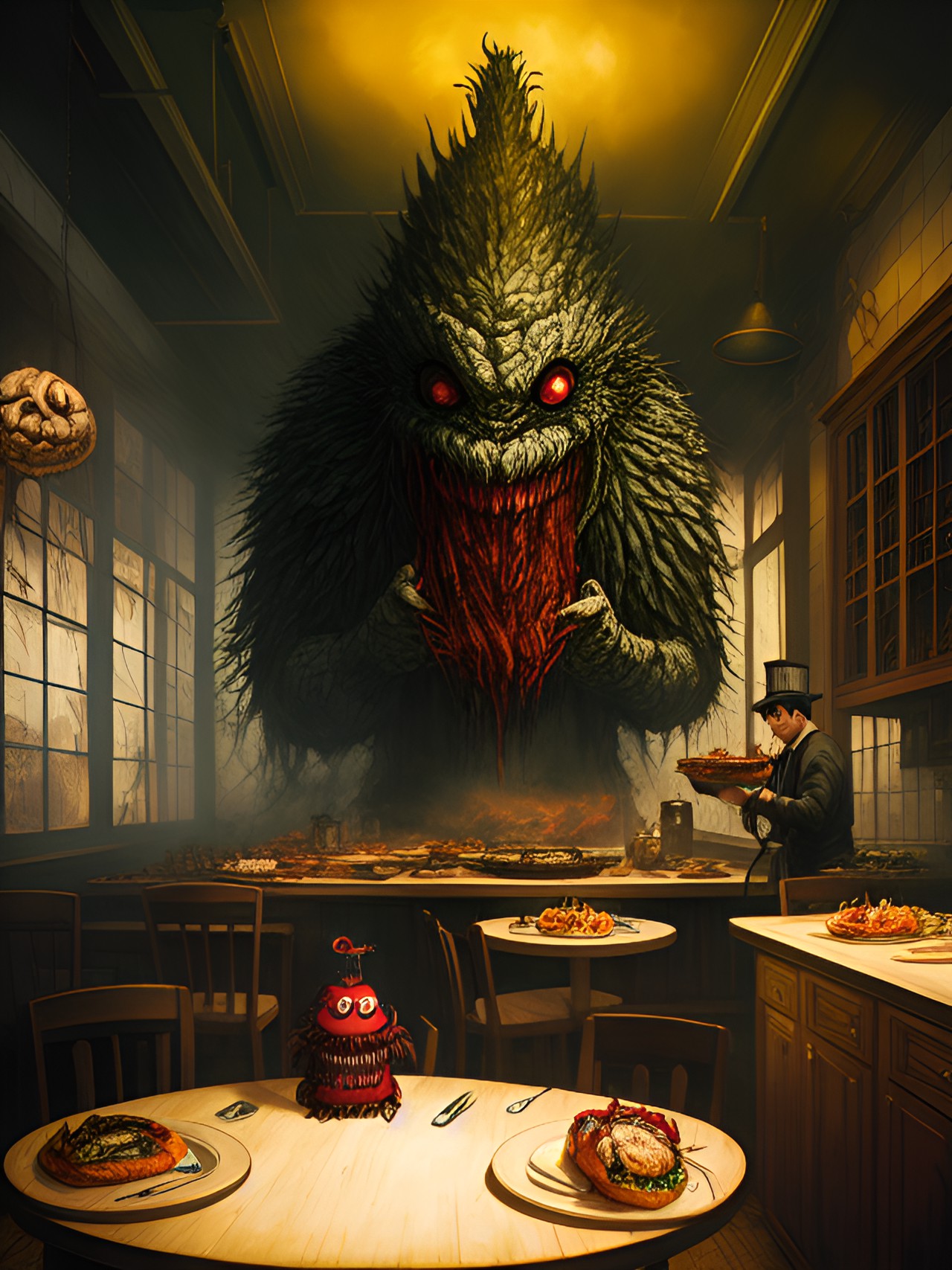 monster chef in monster restaurant kitchen making creepy food preview