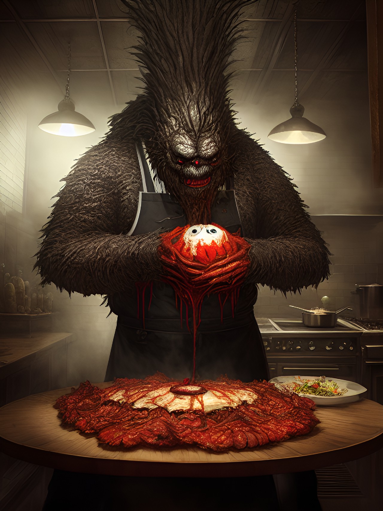 monster chef in monster restaurant kitchen making creepy food preview