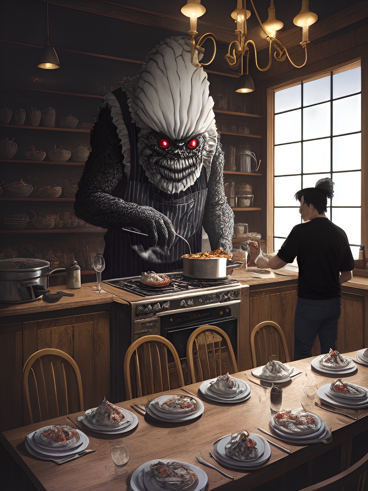 monster chef in monster restaurant kitchen making creepy food preview