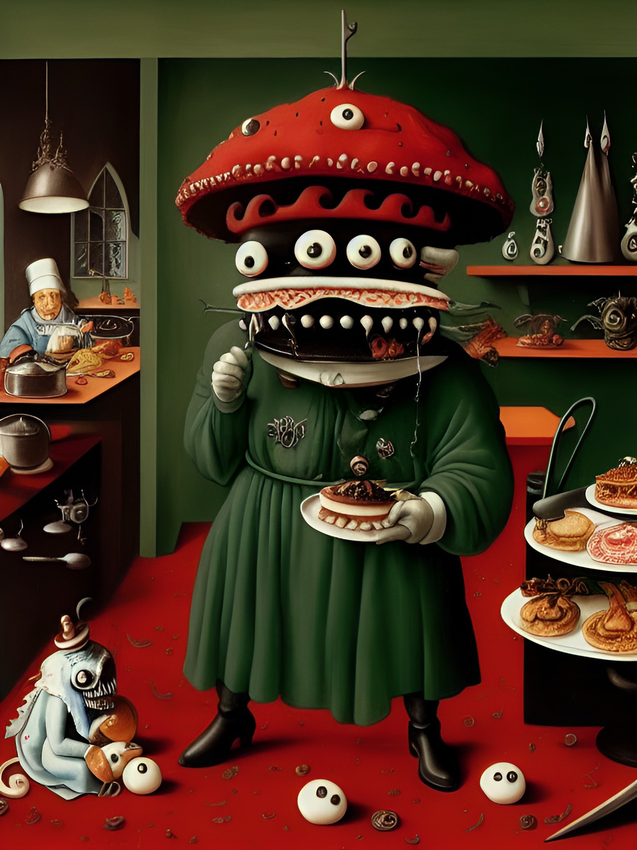 monster chef in monster restaurant kitchen making creepy food preview