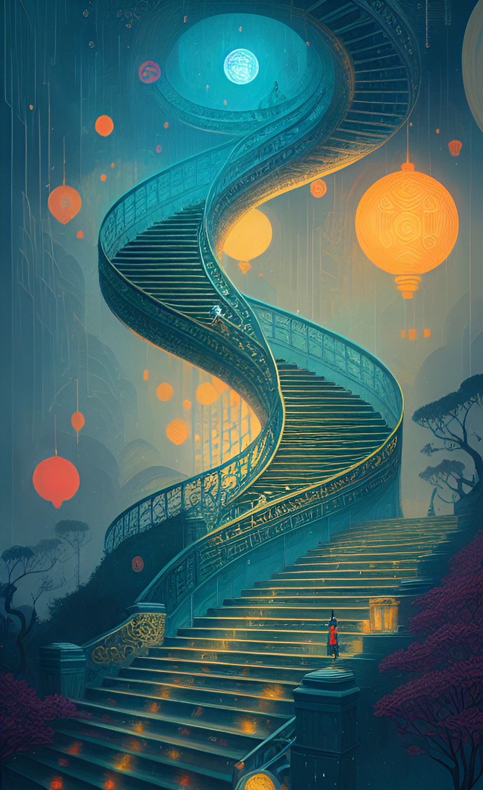 intelligent living avatar of rain and intelligent living avatar of fire. many stairs around. intricately-detailed, 5d, 64k, fantastical, fantasy. preview