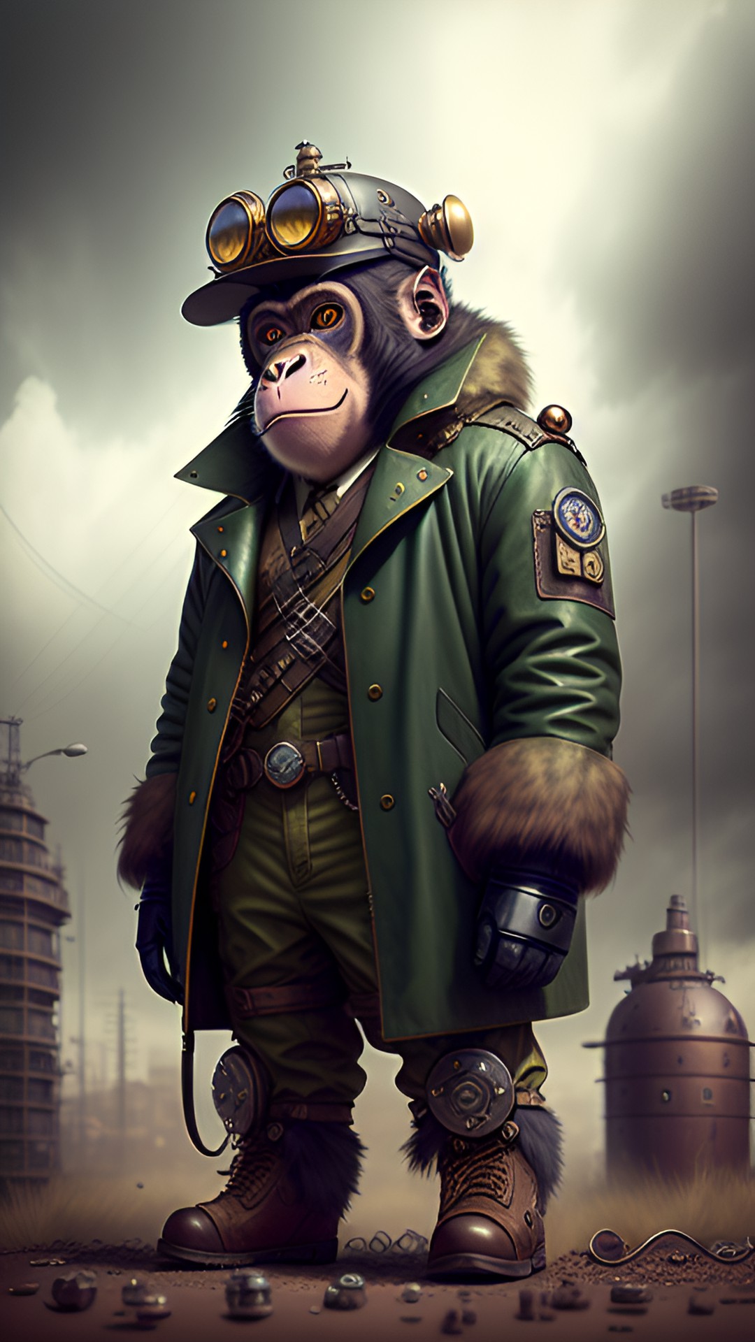 hyperrealism, steampunk style, post-apocalyptic, monkey pilot, 8k preview