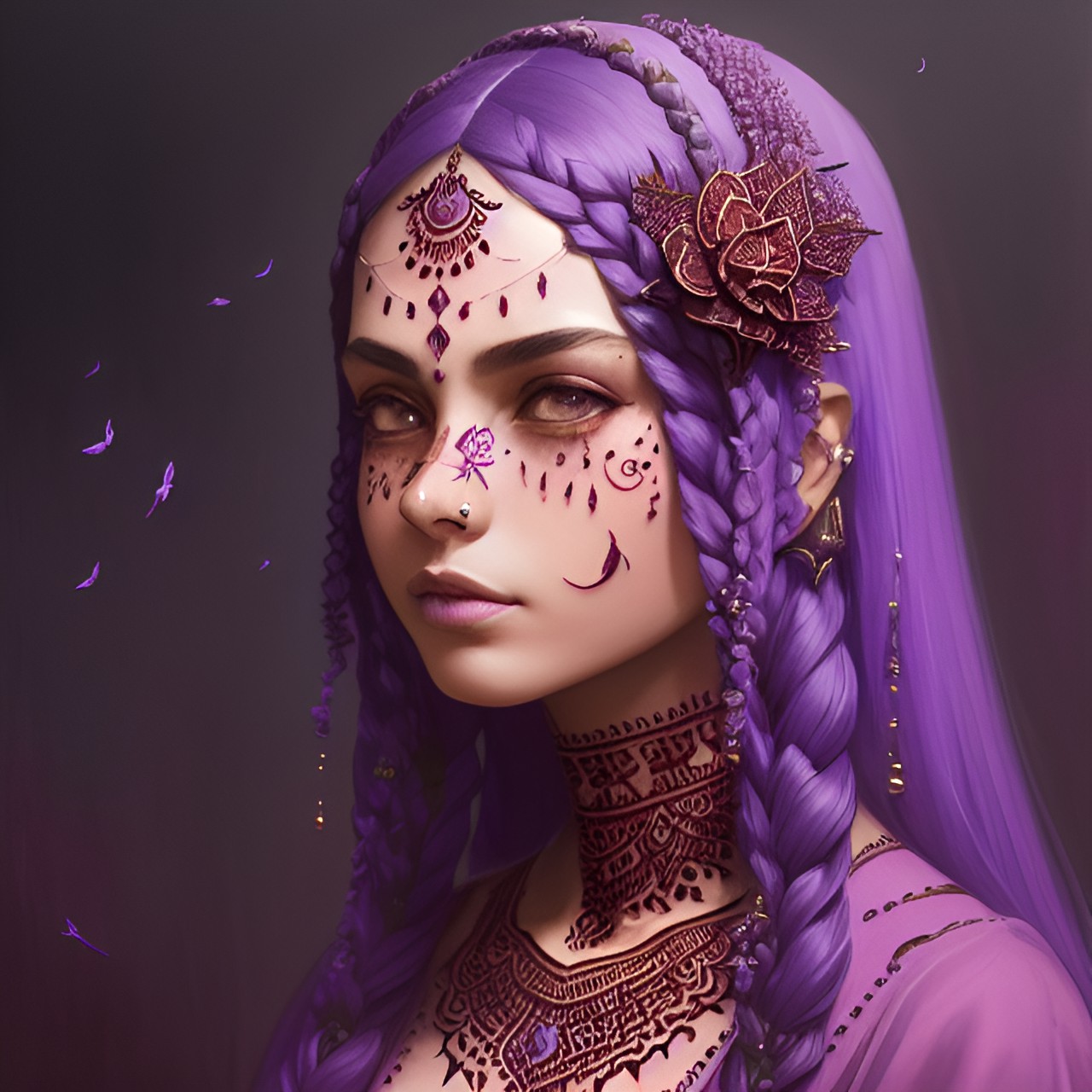 lavender haze, featuring an intricate henna tattoo on her face, the piece should have sharp focus and highly detailed elements, with a dark and moody tone similar to zdislav beksinski's artwork, artistic influences should include ruan jia and wayne barlowe, with a smooth finish and a digital illustration style, the piece should be suitable for disp preview