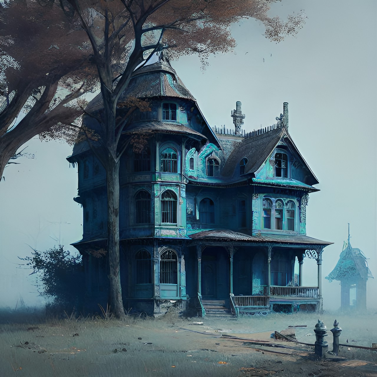 a spooky blue deserted old house preview