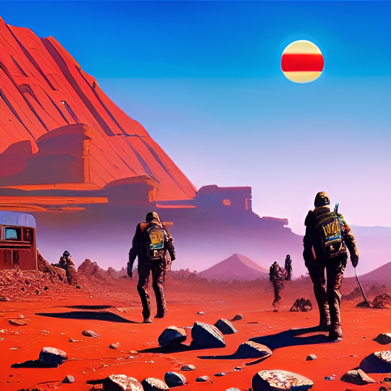 Ilusive Gemini comic - two travelers, walking away, on post apocalyptic mars, blue skies preview