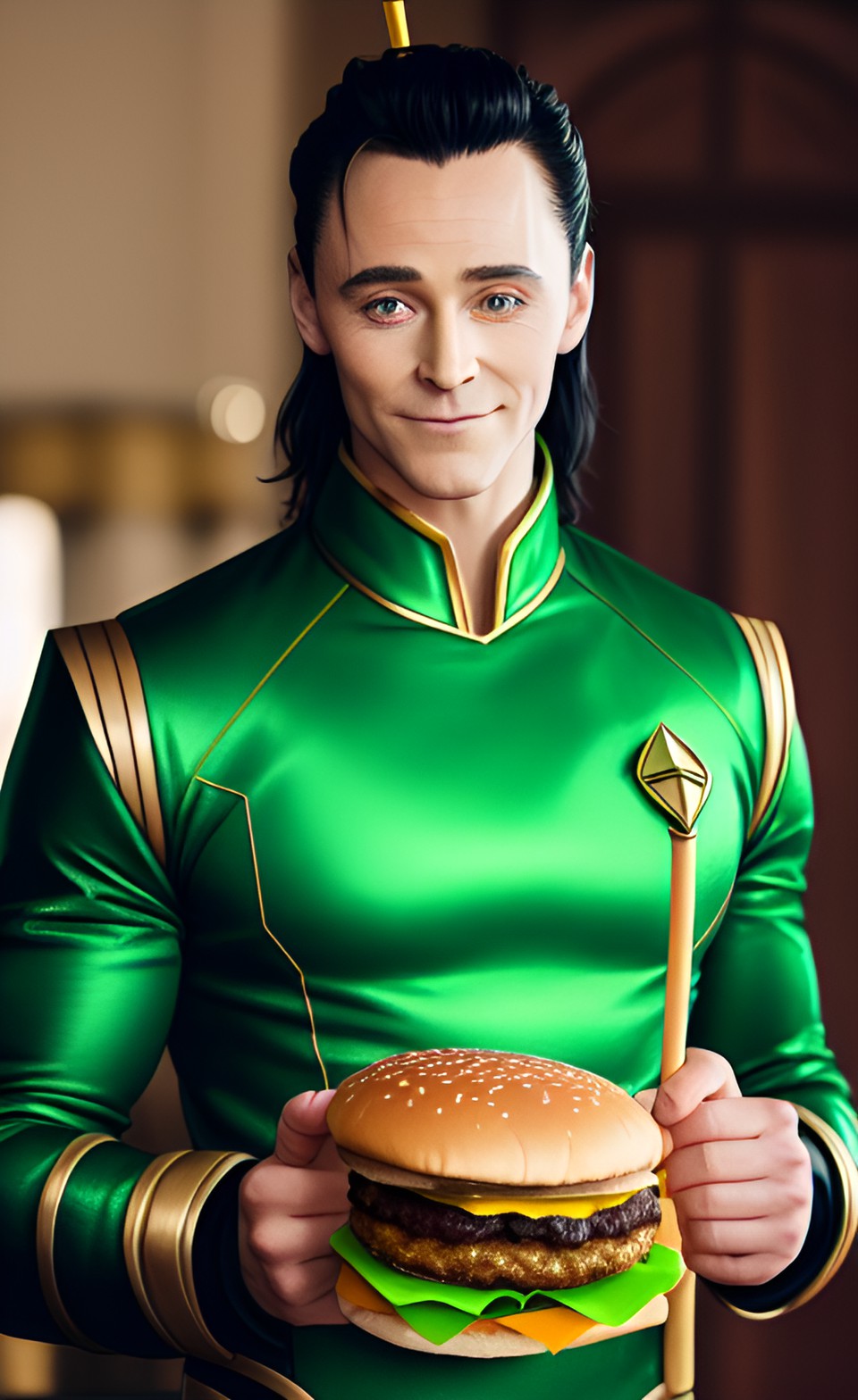 loki in his green and gold costume enjoying one cheeseburger. he is holding his staff preview