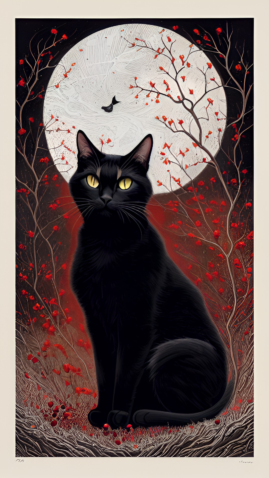 black cat with red eyes, dry bush, red berries, white flowers preview