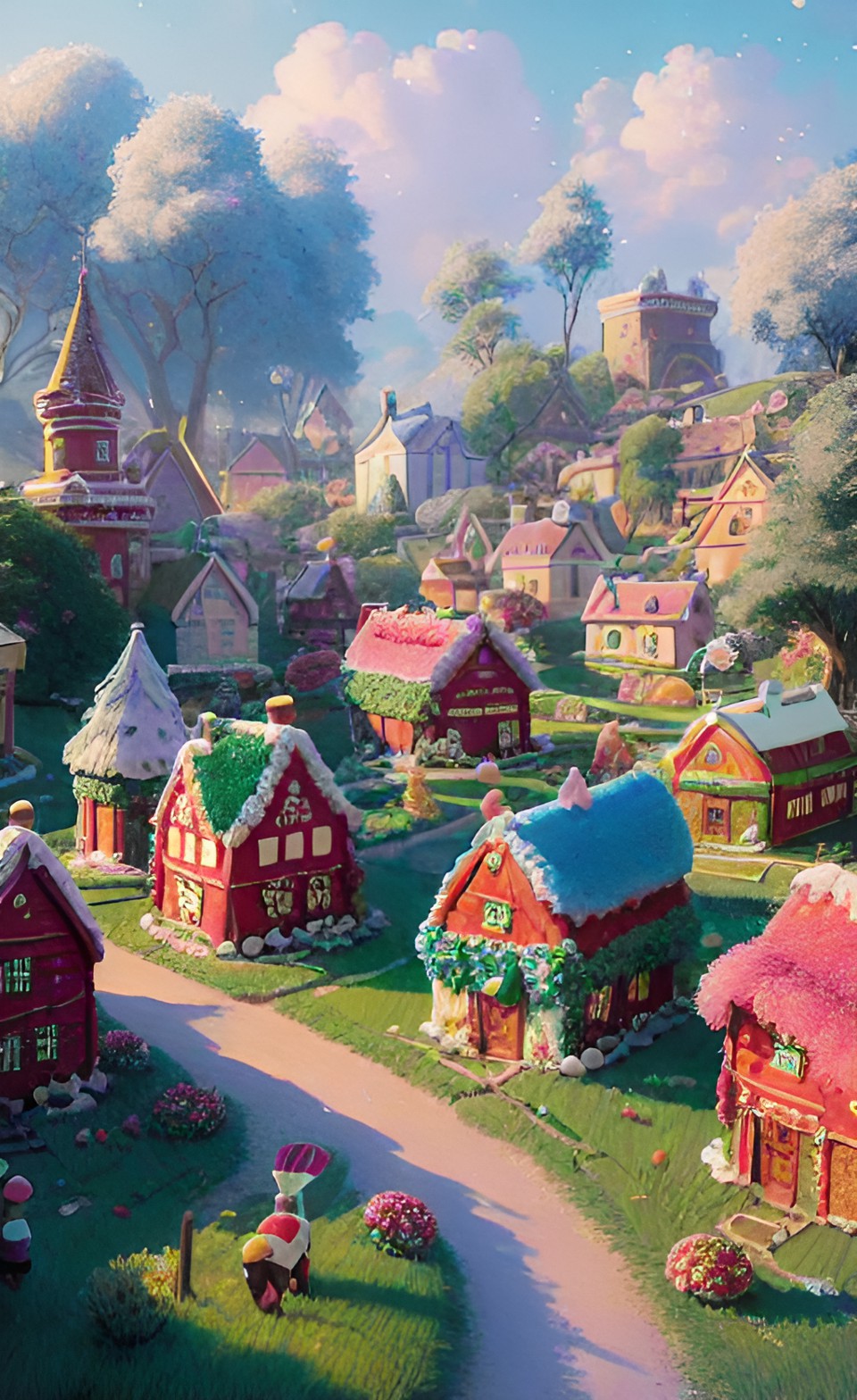 a village made of cookies, cakes, and candy. there are frosting and sprinkles everywhere. preview