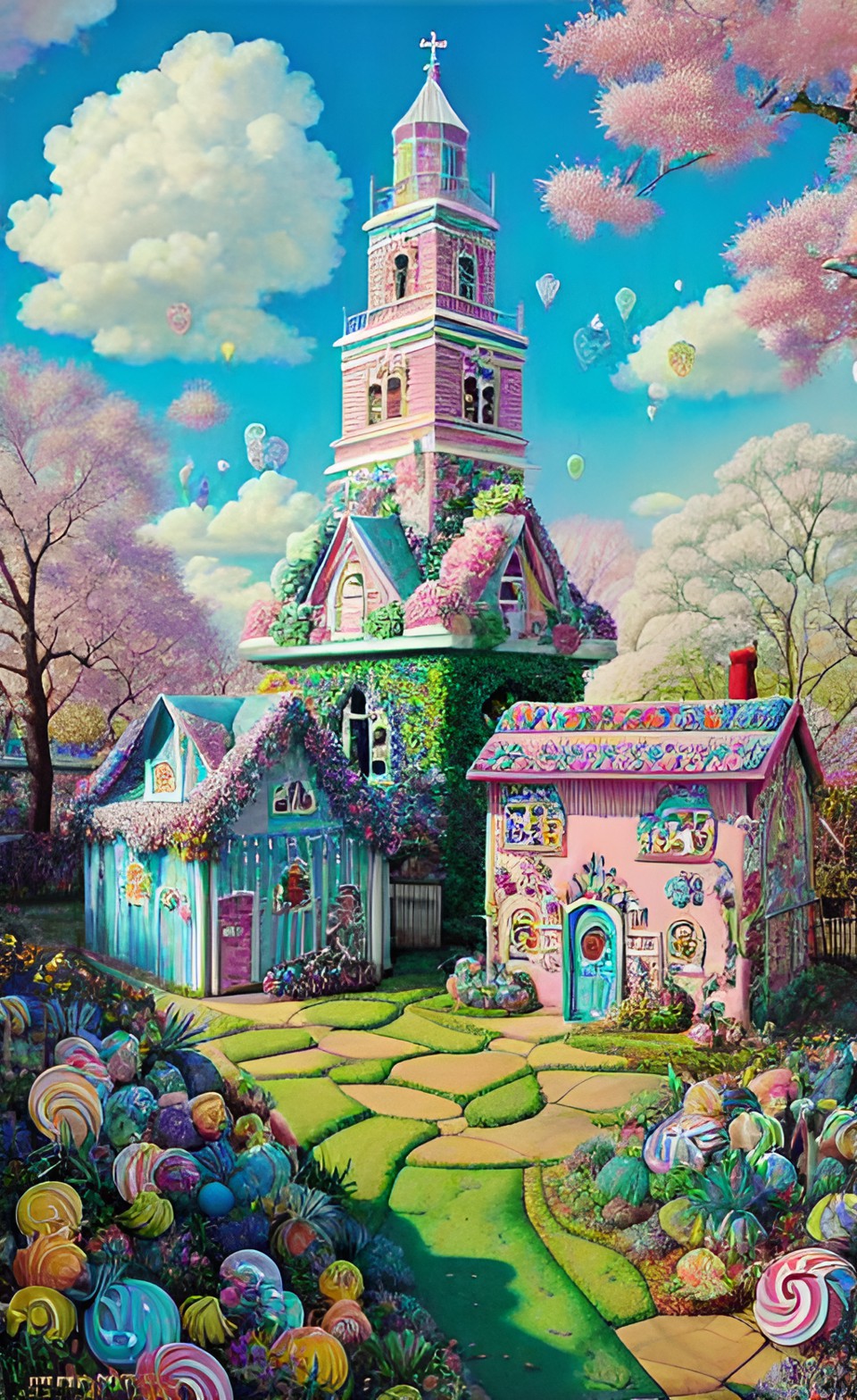 Candy Village - a sunlit village of houses, shops, and a church. everything is made of cookies, cakes, and candy. the bushes are made of cupcakes. the landscape is covered in frosting and sprinkles everywhere. preview