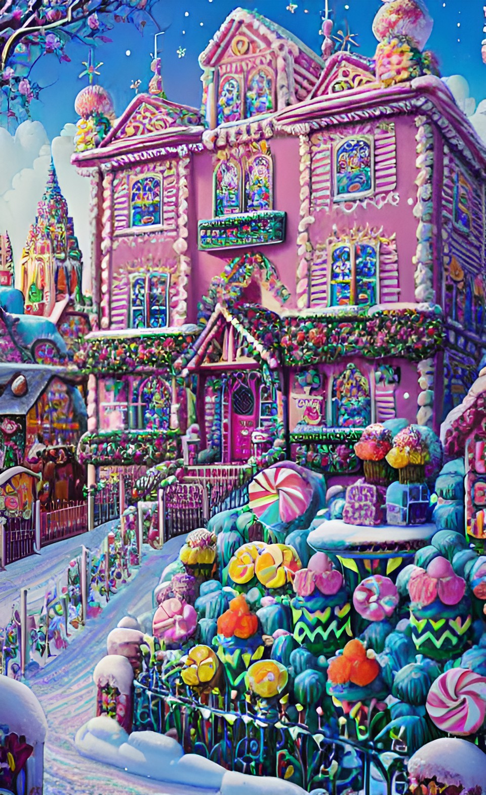 Candyland House - a sunlit village of gingerbread houses, shops, and a church. everything is made of cookies, cakes, and candy. the bushes are made of cupcakes. frosting and sprinkles cover the townscape like snow. preview