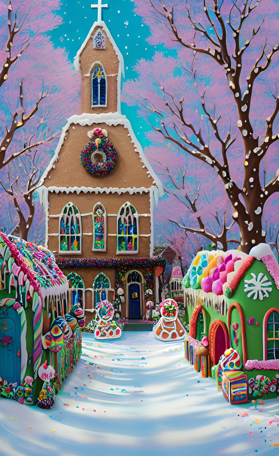 Candyland Main Street - a sunlit village of gingerbread houses, shops, and a church. everything is made of cookies, cakes, and candy. the bushes are made of cupcakes. frosting and sprinkles cover the townscape like snow. preview