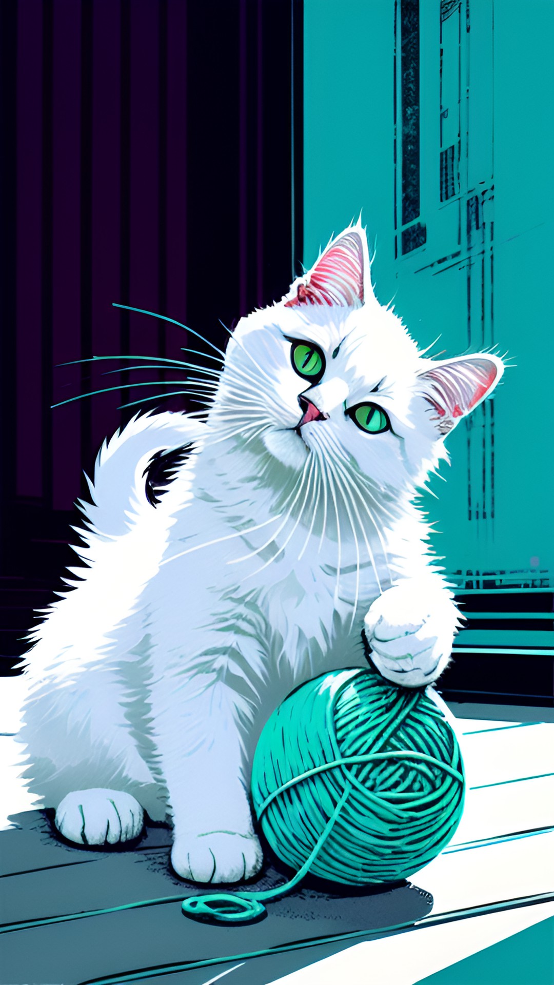 white fluffy cat playing with yarn ball preview