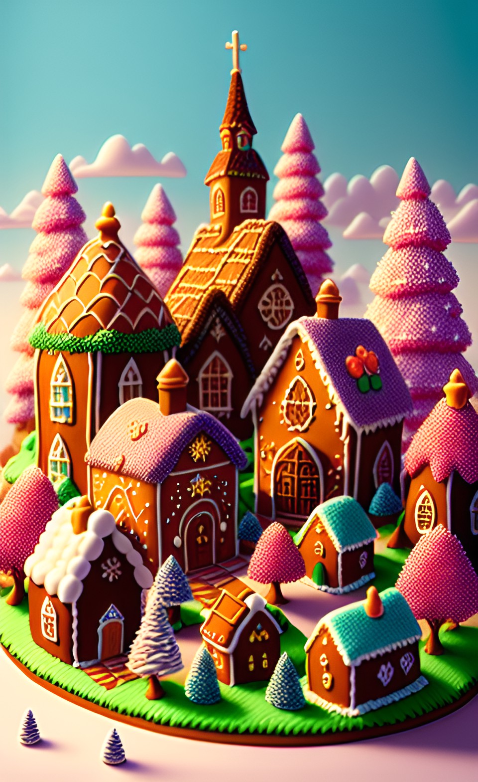 a sunlit village of gingerbread houses, shops, and a church. everything is made of cookies, cakes, and candy. the bushes are made of cupcakes. frosting and sprinkles cover the townscape like snow. preview