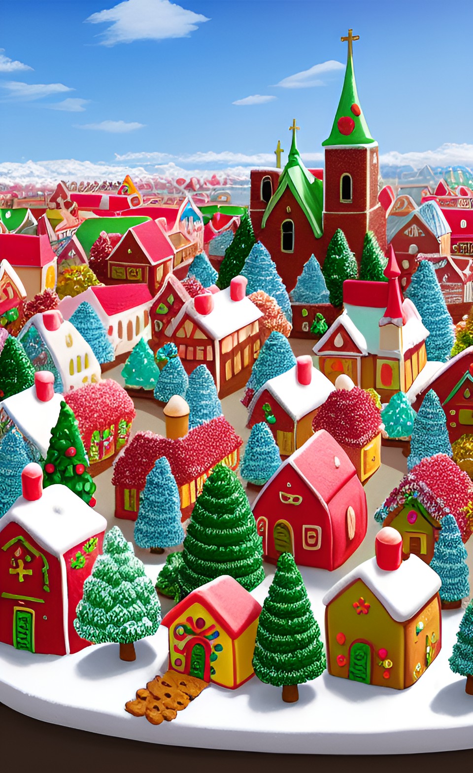 a sunlit village of cookie houses, shops, and a church. everything is made of cookies, cakes, and candy. the bushes are made of cupcakes. frosting and sprinkles blanket the townscape like snow. preview