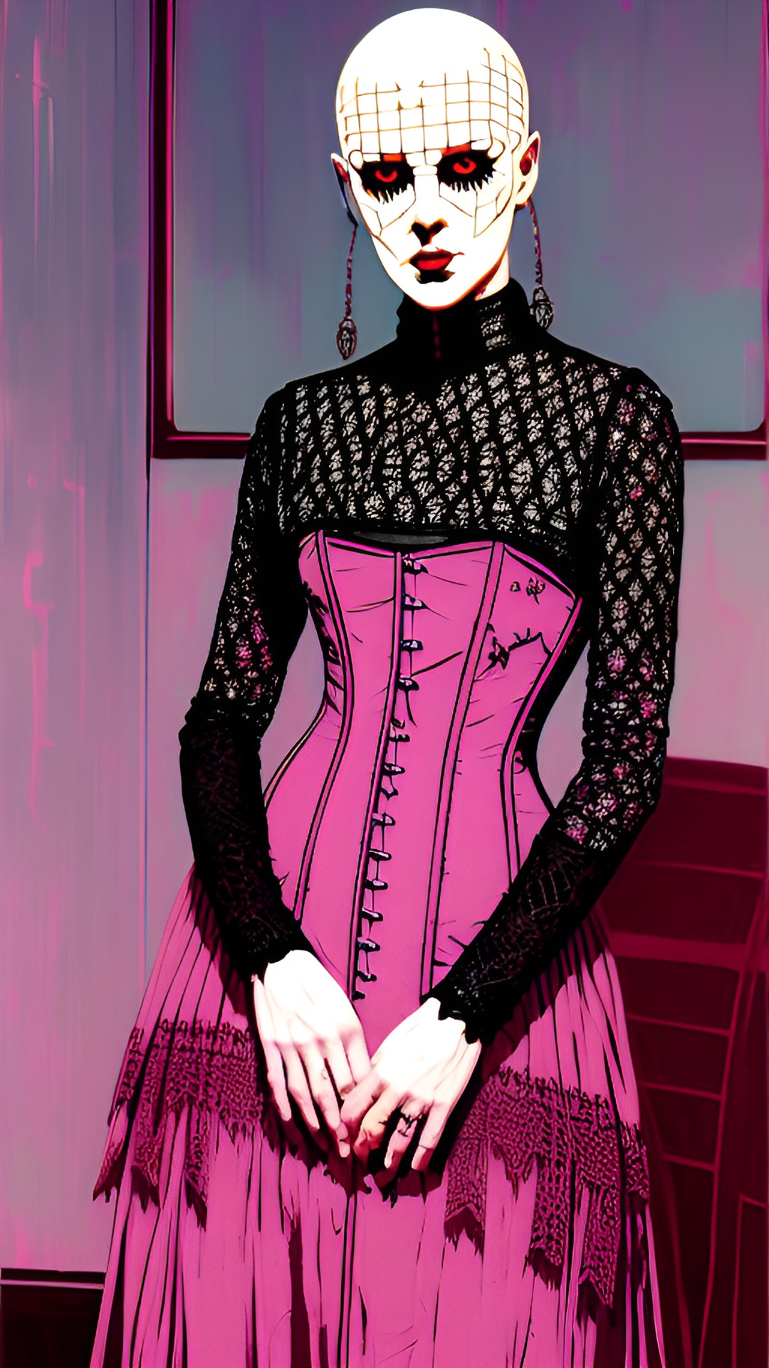 London Demon - androgynous male pinhead cenobite from hellraiser, bald, lacy pink silk night gown, lace corset, full body close up portrait preview