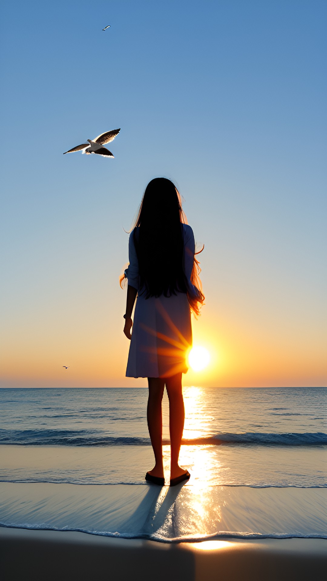 Anchalee - anchalee standing on a beach with the sun setting behind her, ocean waves crashing at her feet, and a seagull perched on her outstretched arm." preview