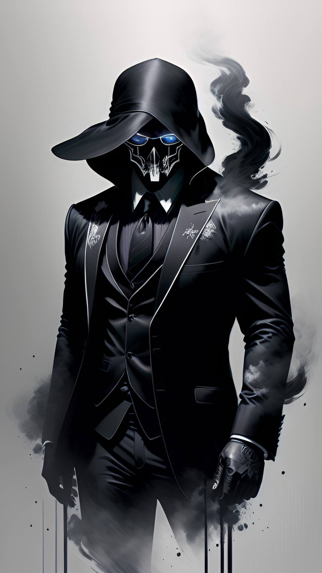 The man - mysterious man in a slick black suite with a pistol in his hand and a skull mask  covering it his face.  - a shadowy figure in a sleek black suit, wielding a pistol in one hand and a glowing, skull mask covering his face. preview