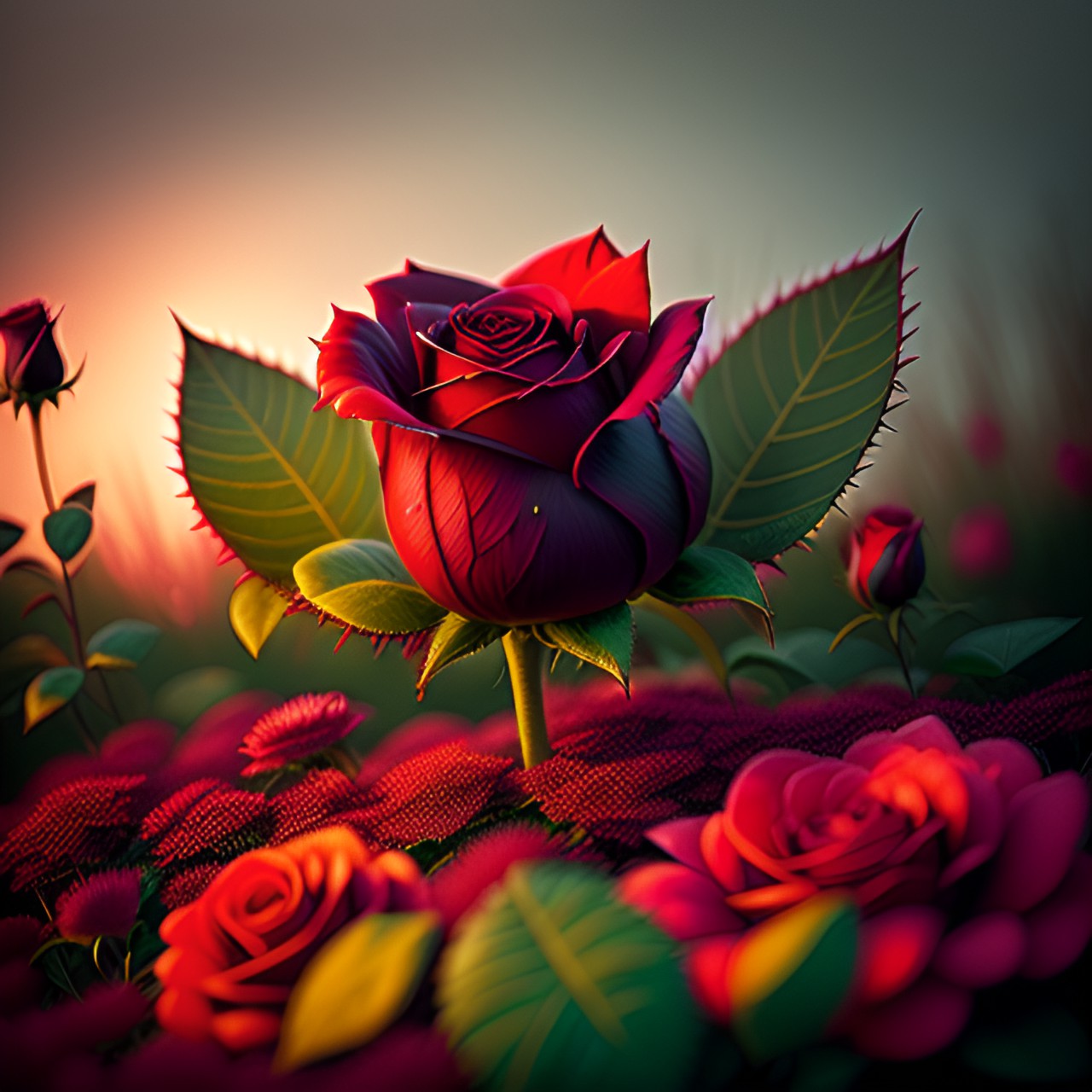 rose - a deep red rose, with delicate petals and thorns, resting on a bed of lush green leaves in a dewy garden at dawn." preview